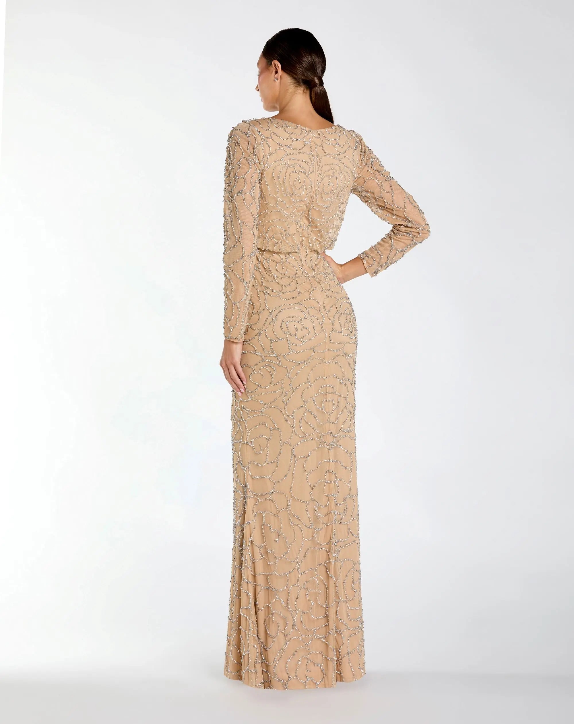 Beige Long Sleeve Beaded Blouson Gown-Myartka