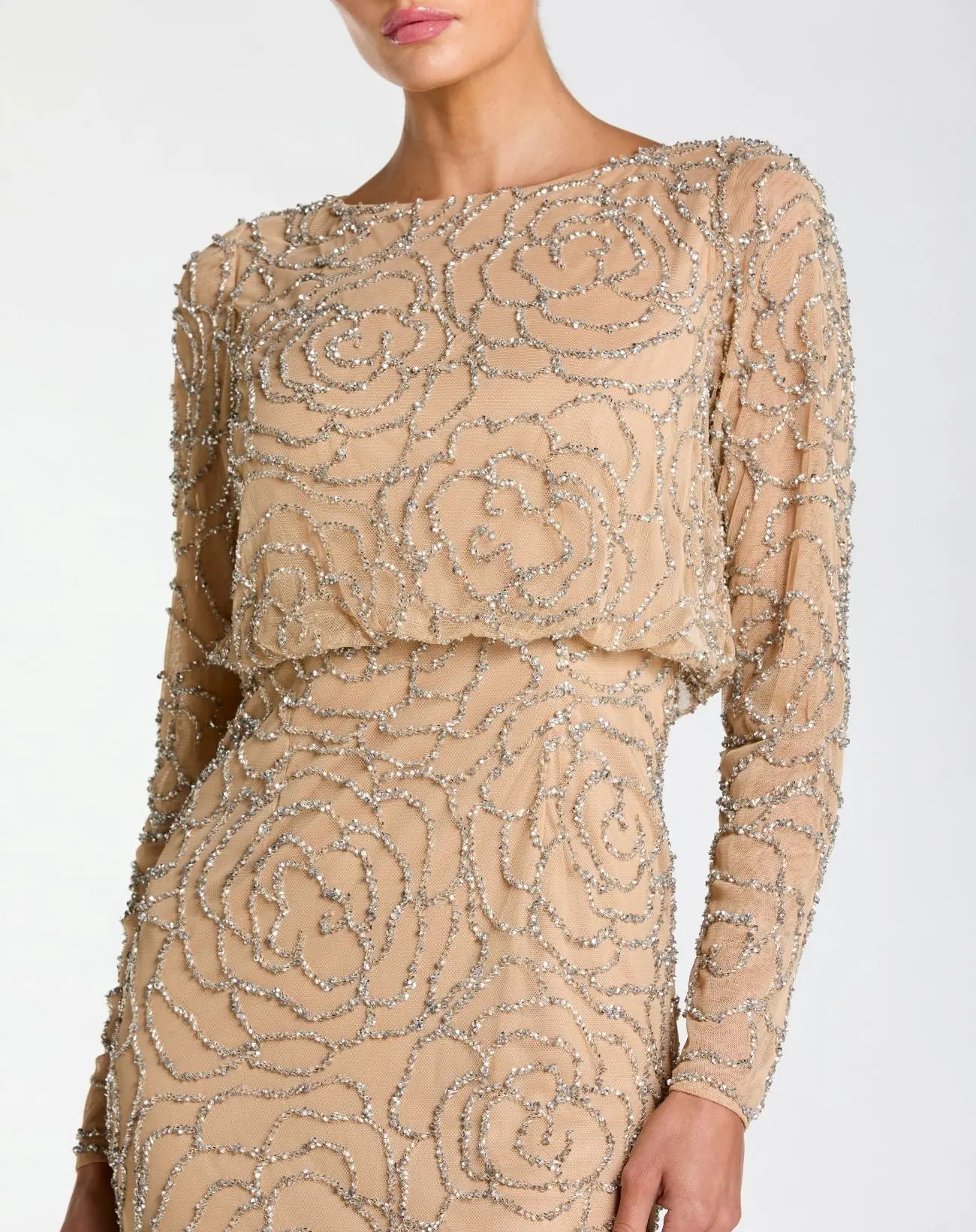 Beige Long Sleeve Beaded Blouson Gown-Myartka