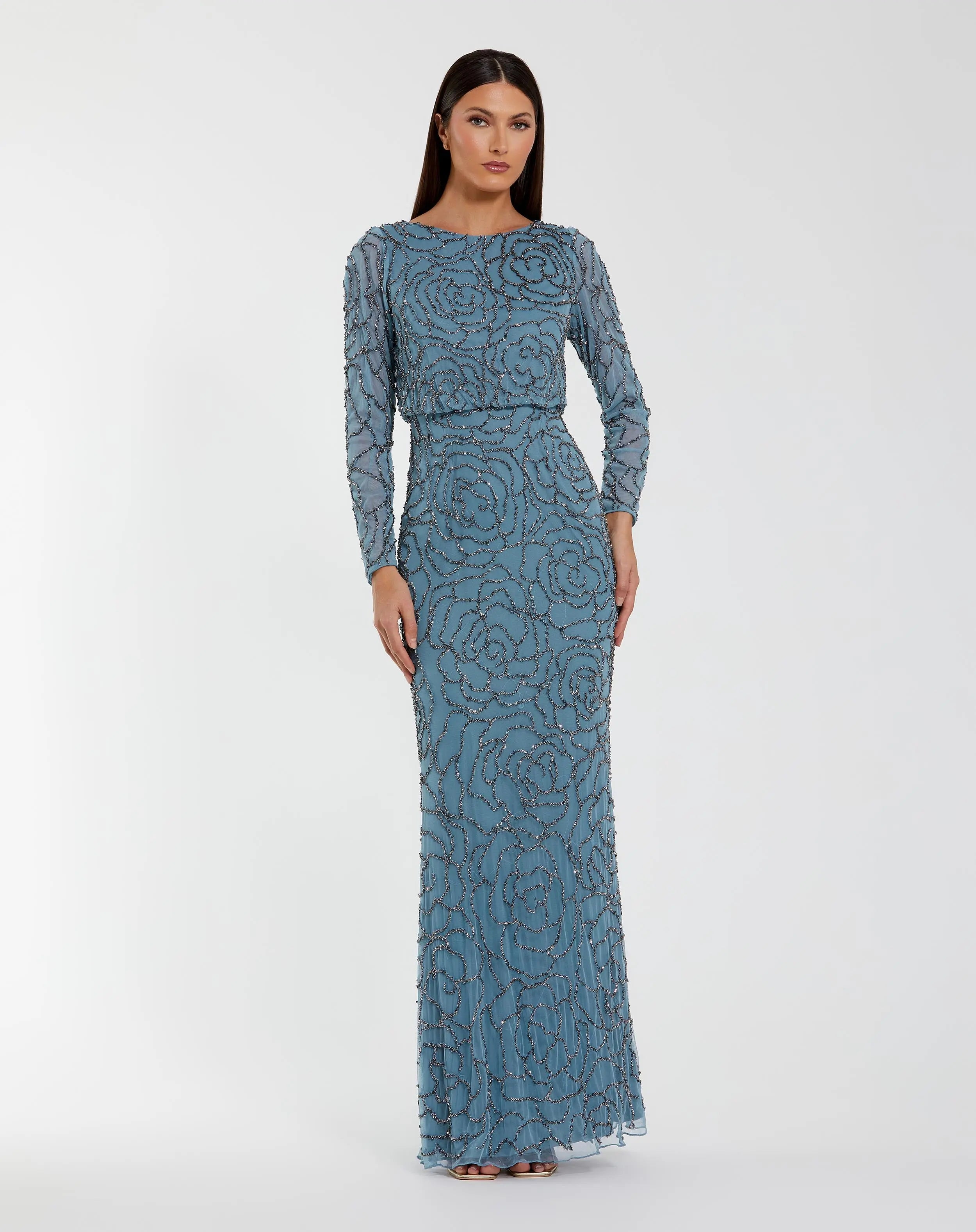 Blue Long Sleeve Beaded Blouson Gown-Myartka