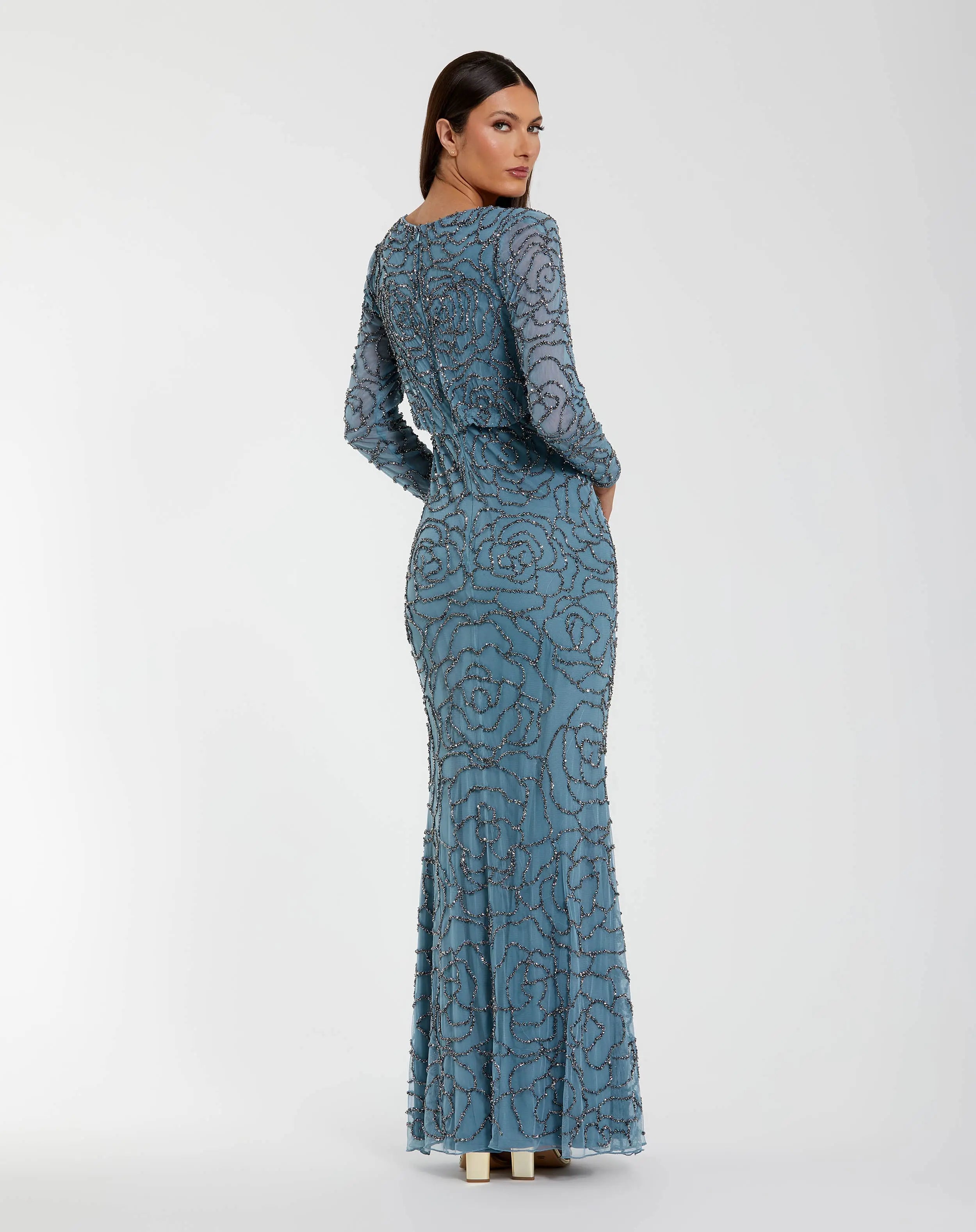 Blue Long Sleeve Beaded Blouson Gown-Myartka