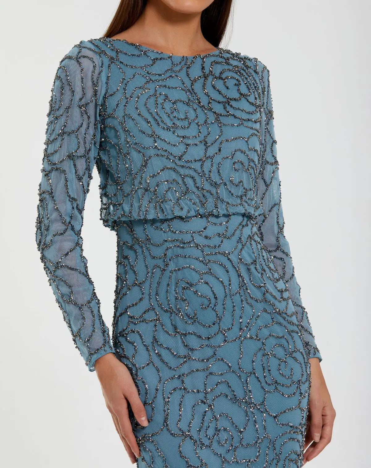 Blue Long Sleeve Beaded Blouson Gown-Myartka