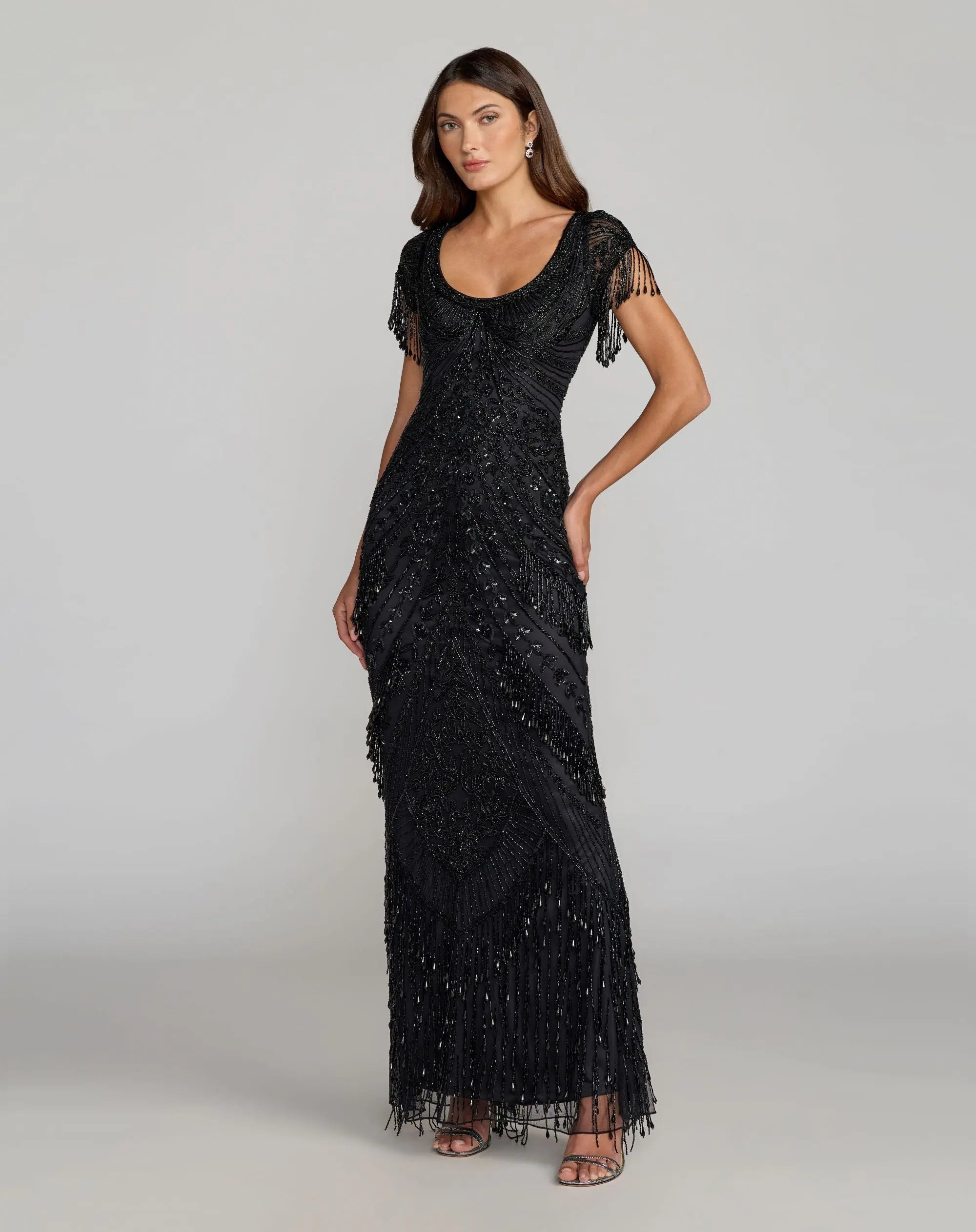 Black Cap Sleeve Beaded Fringe Column Gown-Myartka