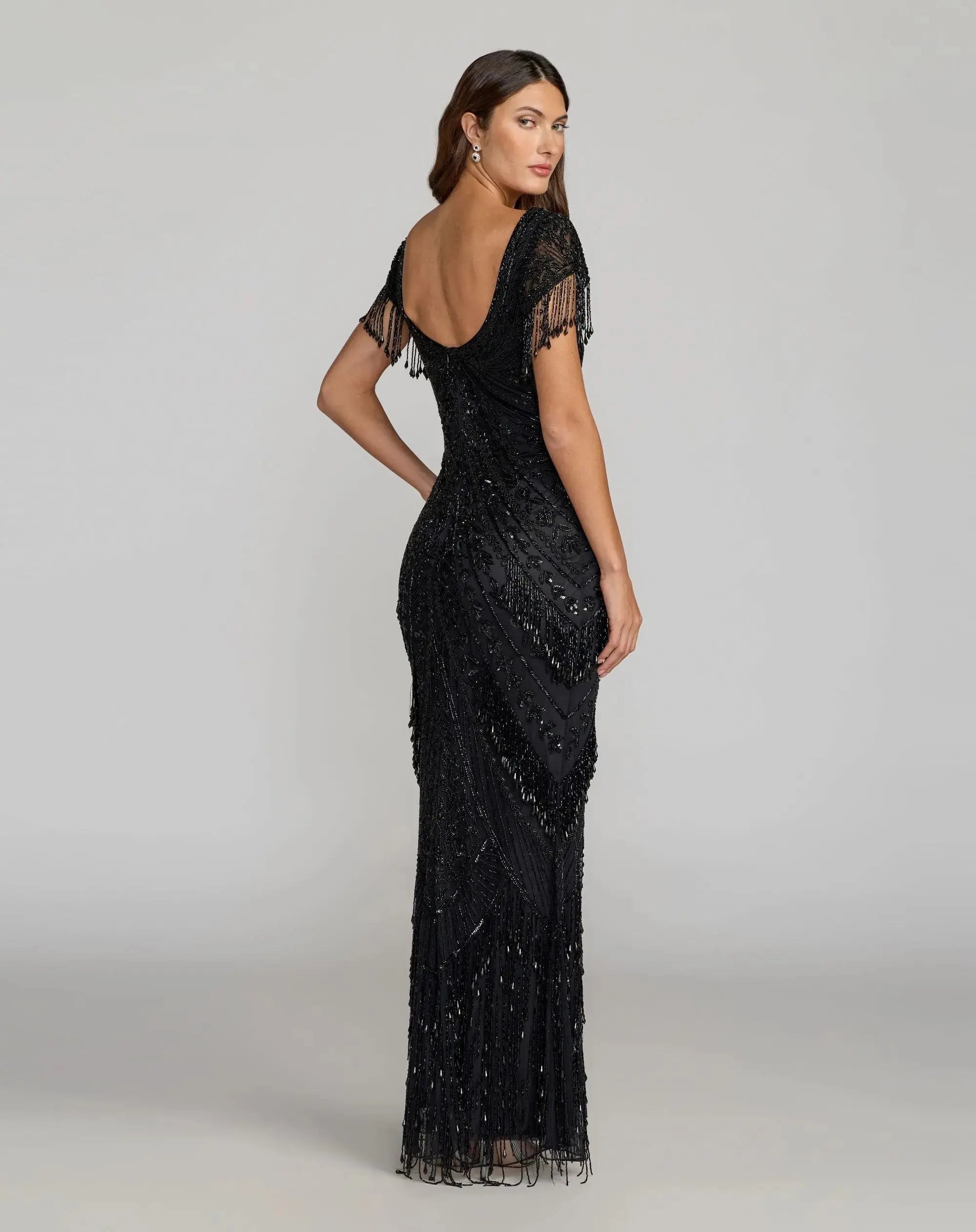 Black Cap Sleeve Beaded Fringe Column Gown-Myartka