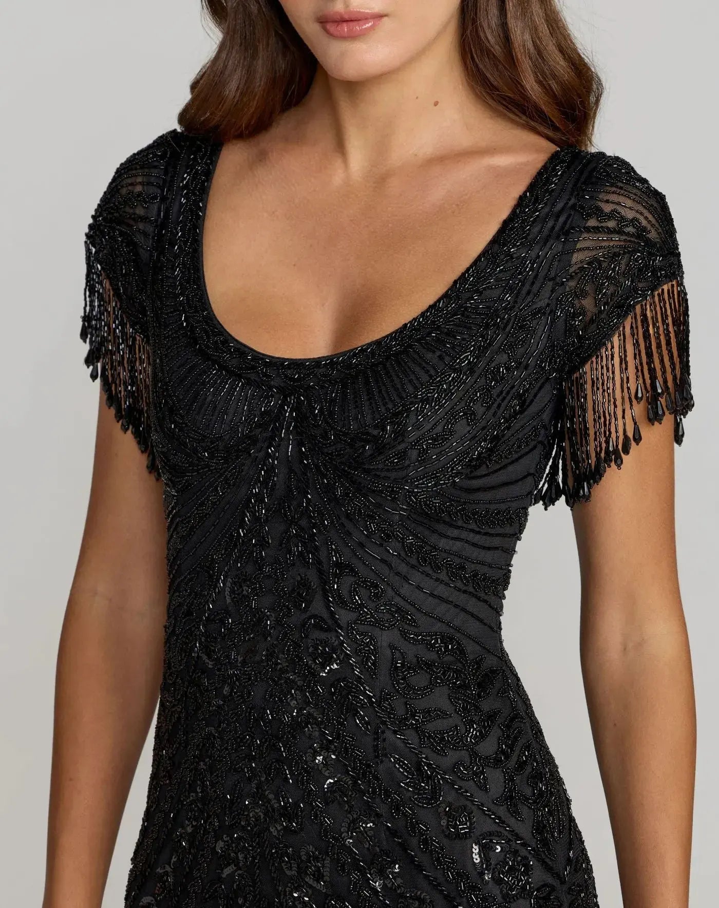 Black Cap Sleeve Beaded Fringe Column Gown-Myartka