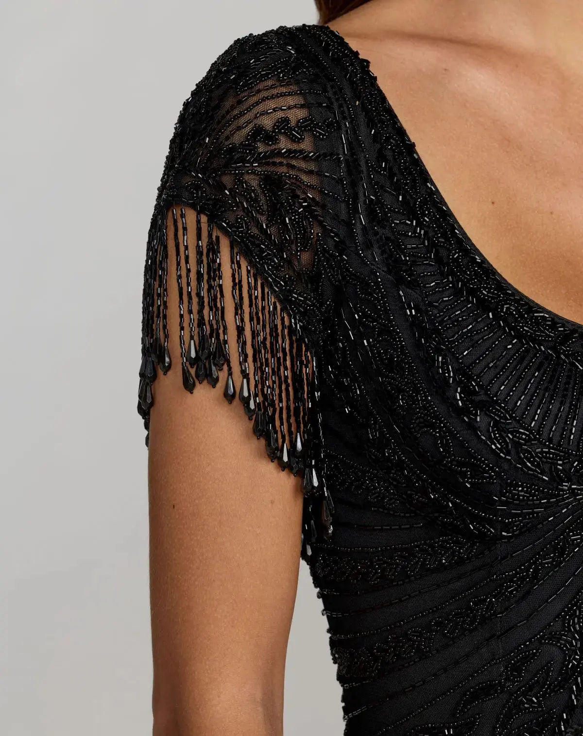 Black Cap Sleeve Beaded Fringe Column Gown-Myartka