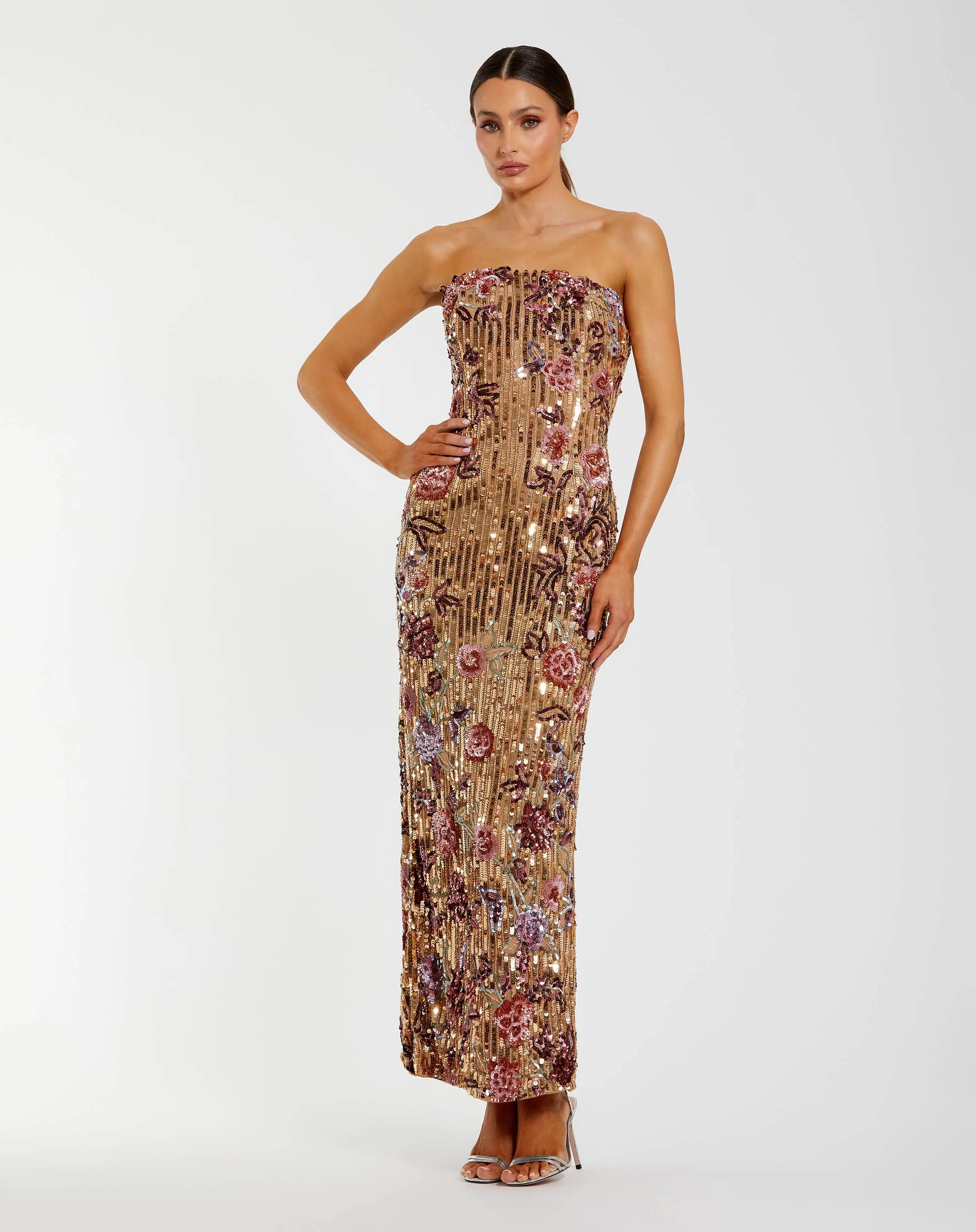Gold Floral Embellished Strapless Column Dress-Myartka