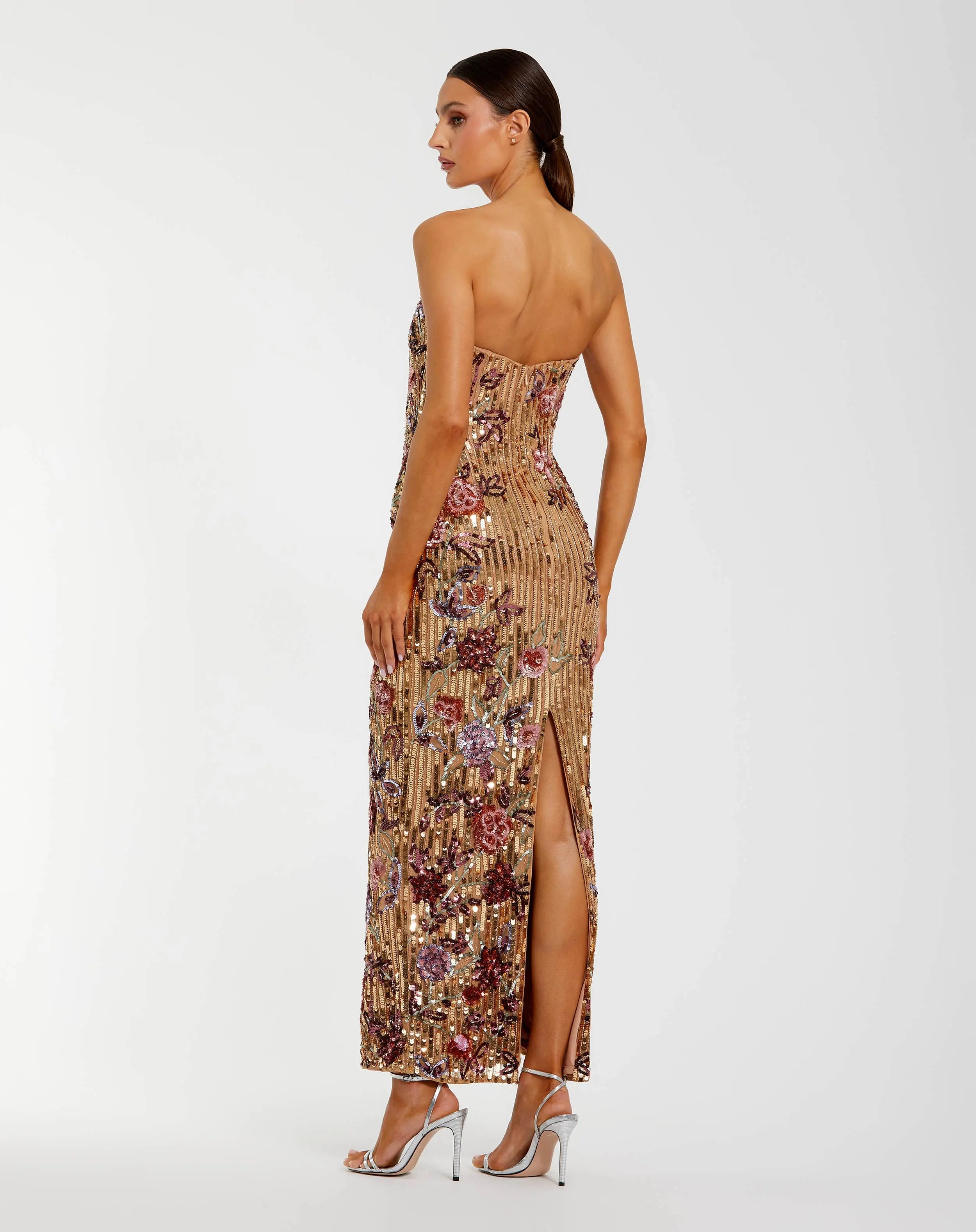Gold Floral Embellished Strapless Column Dress-Myartka