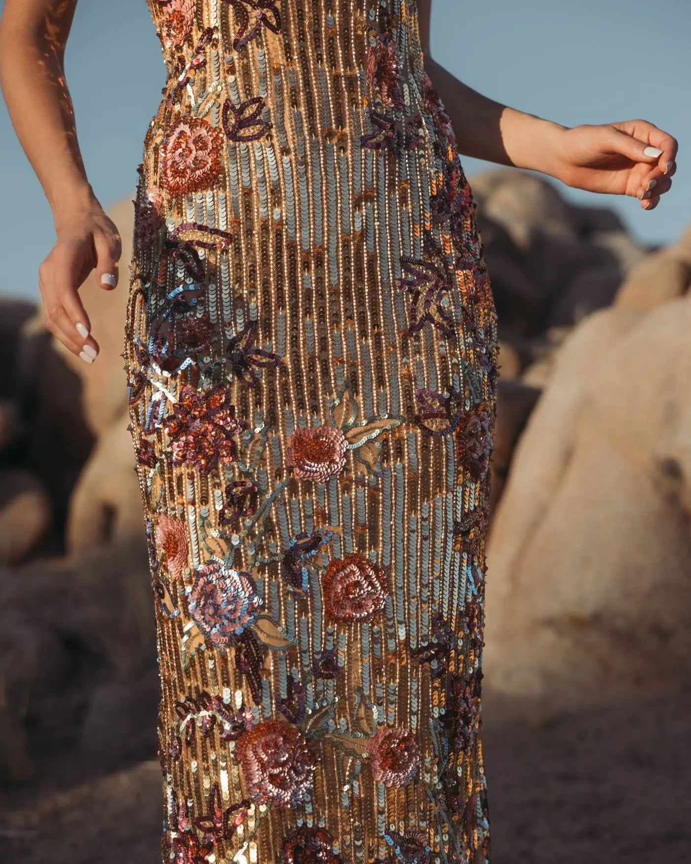 Gold Floral Embellished Strapless Column Dress-Myartka