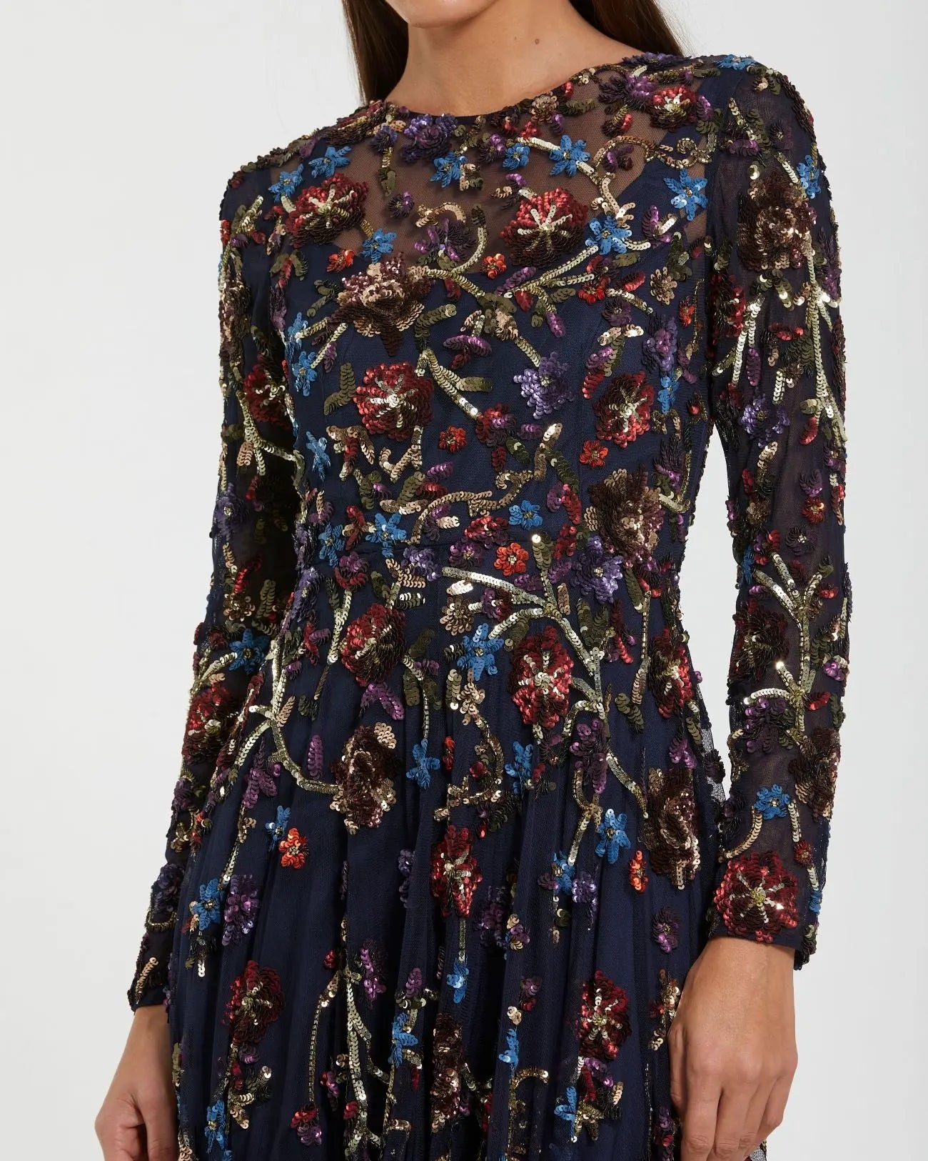 Navy Beaded Long Sleeve High Neck A-Line Gown-Myartka