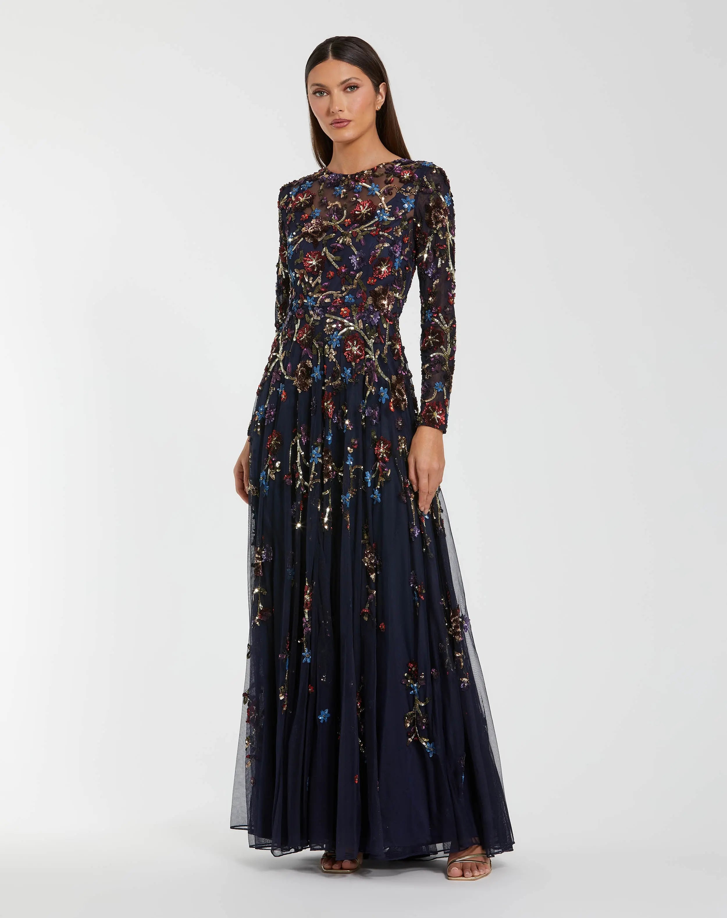 Navy Beaded Long Sleeve High Neck A-Line Gown-Myartka