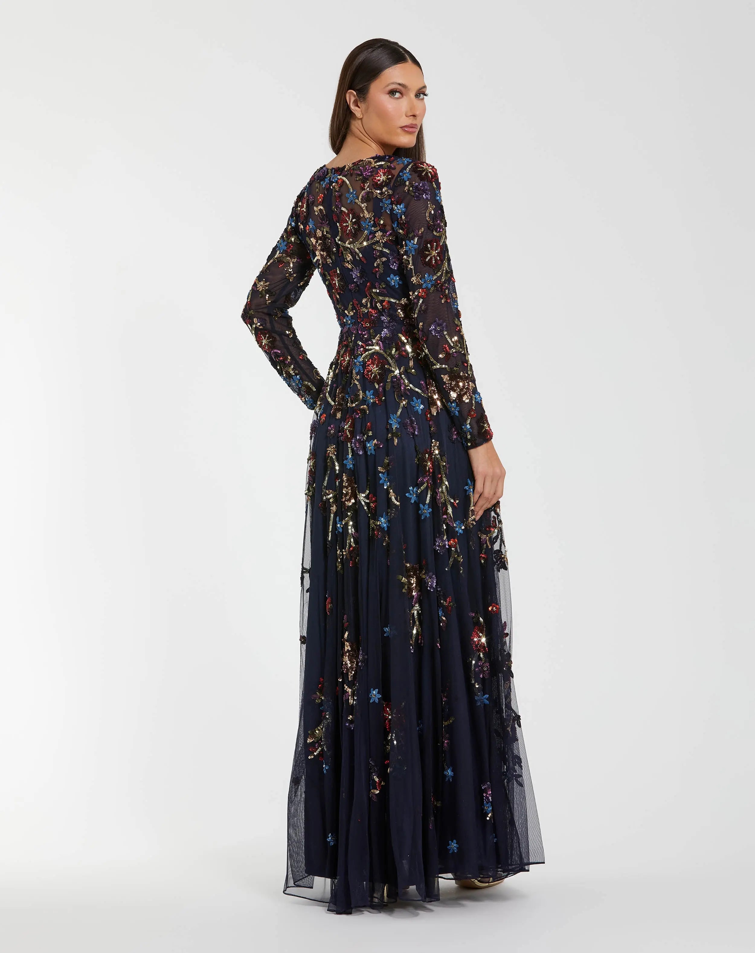 Navy Beaded Long Sleeve High Neck A-Line Gown-Myartka