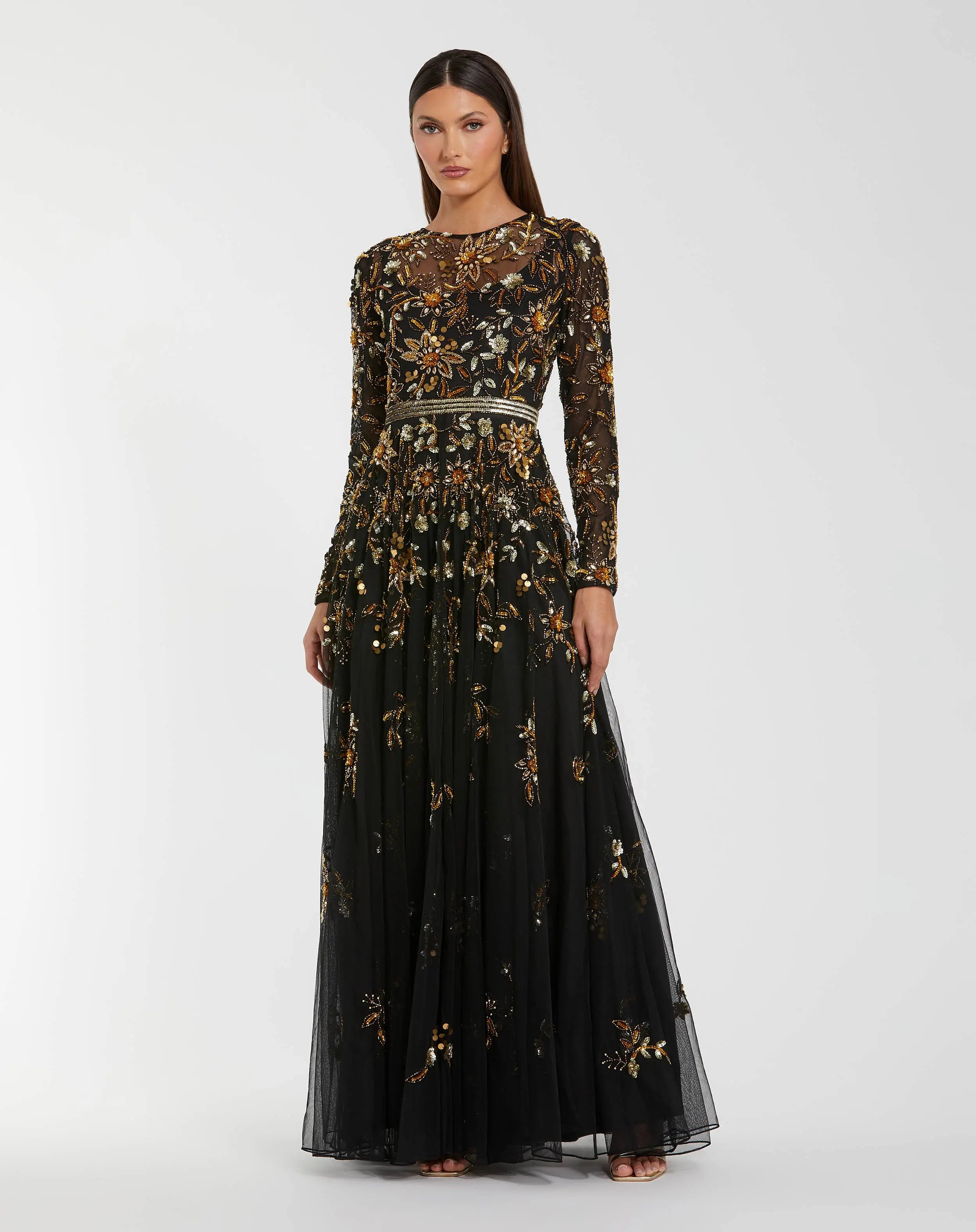 Black Hand Embellished Long Sleeve A Line Gown-Myartka