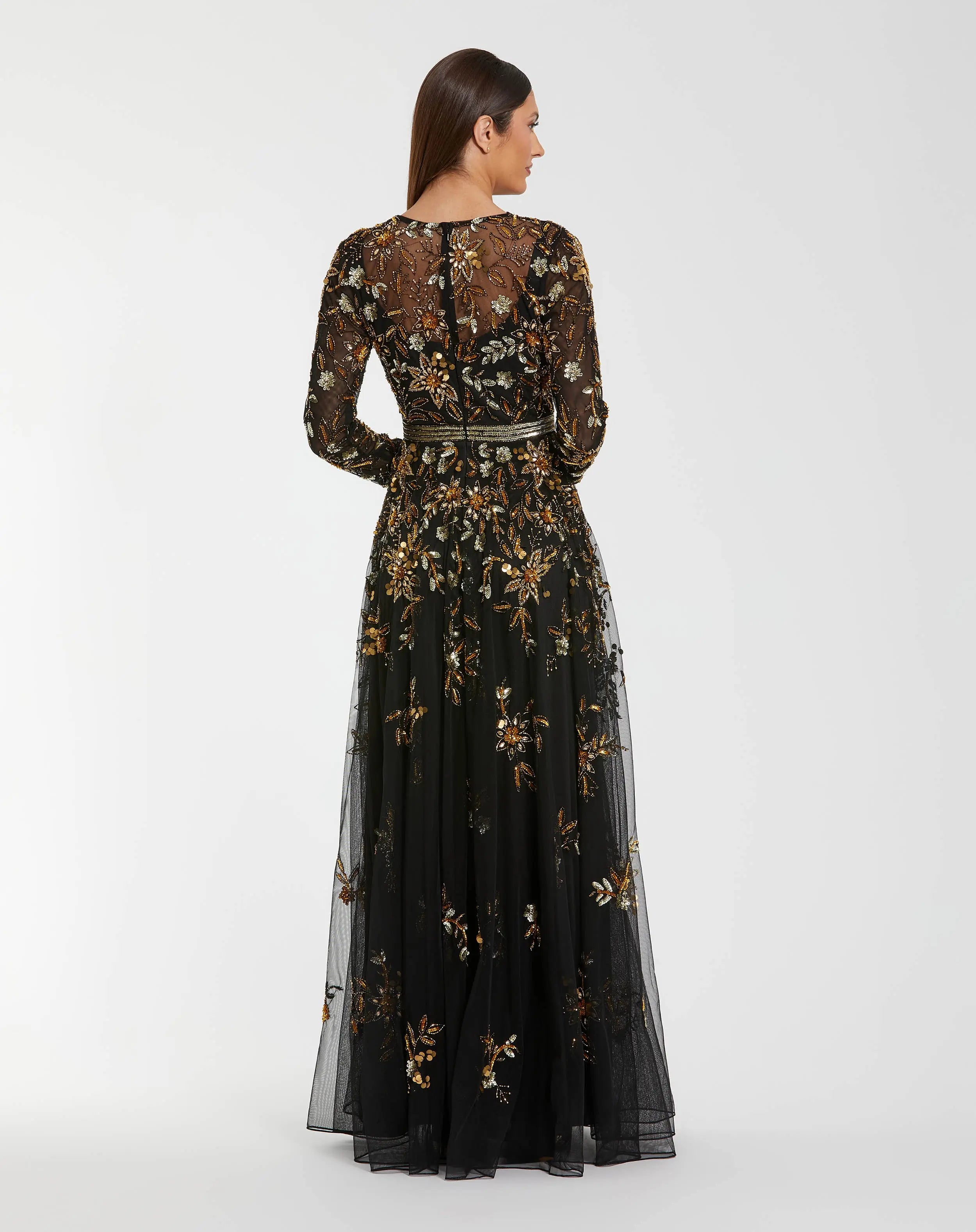 Black Hand Embellished Long Sleeve A Line Gown-Myartka