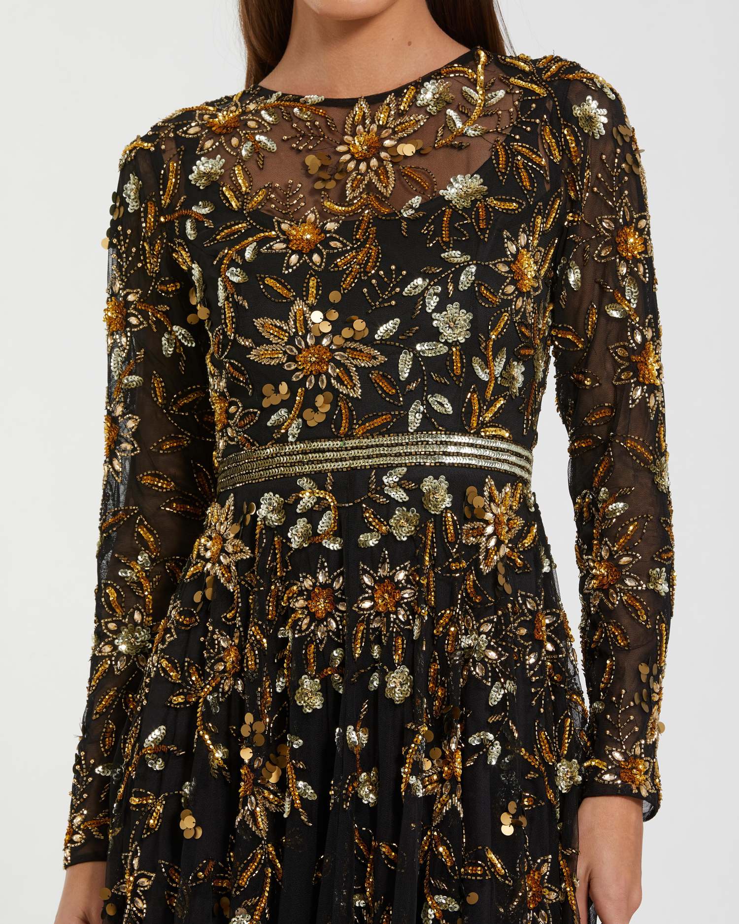 Black Hand Embellished Long Sleeve A Line Gown-Myartka