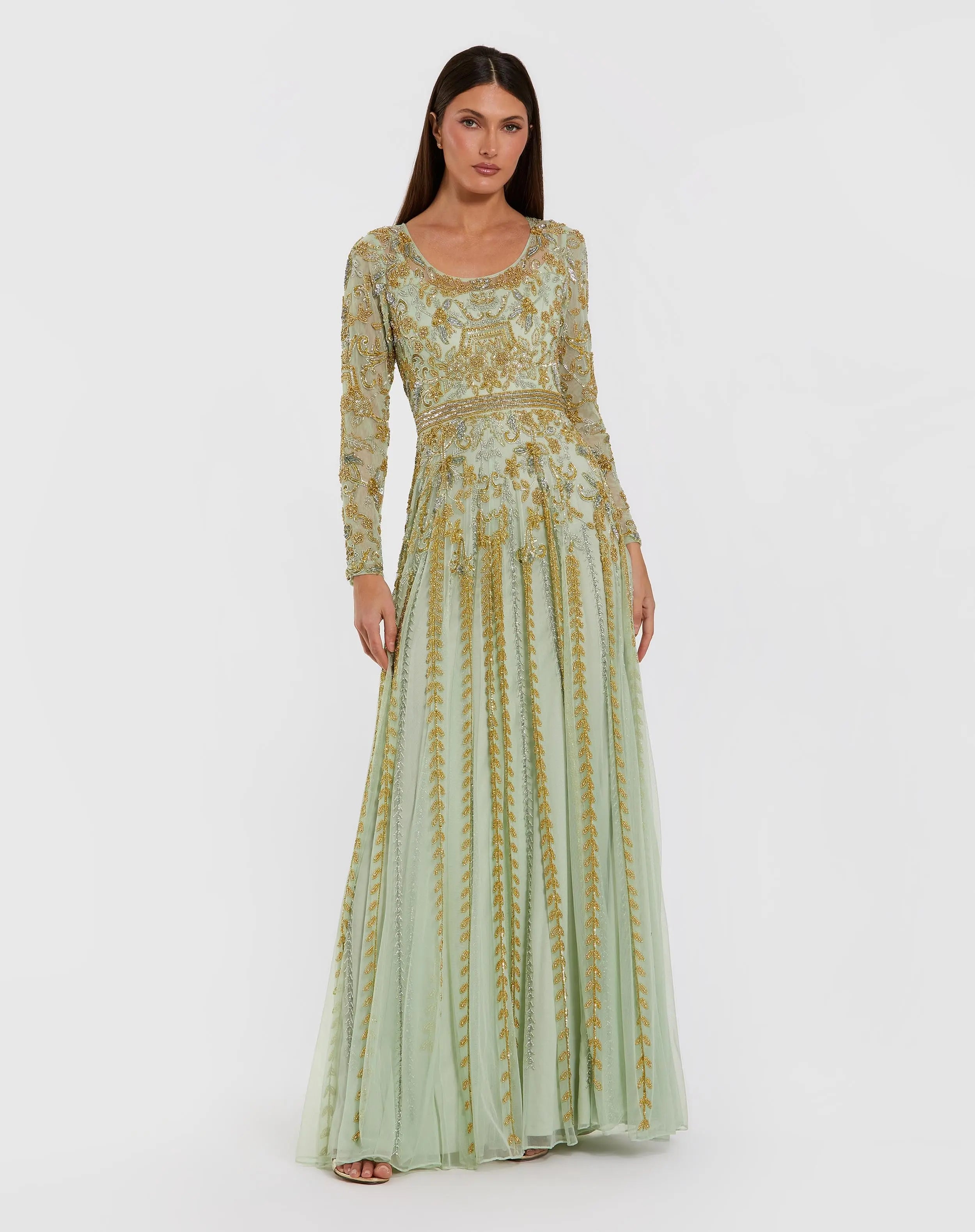 Green Beaded Long Sleeve Scoop Neck A Line Gown-Myartka