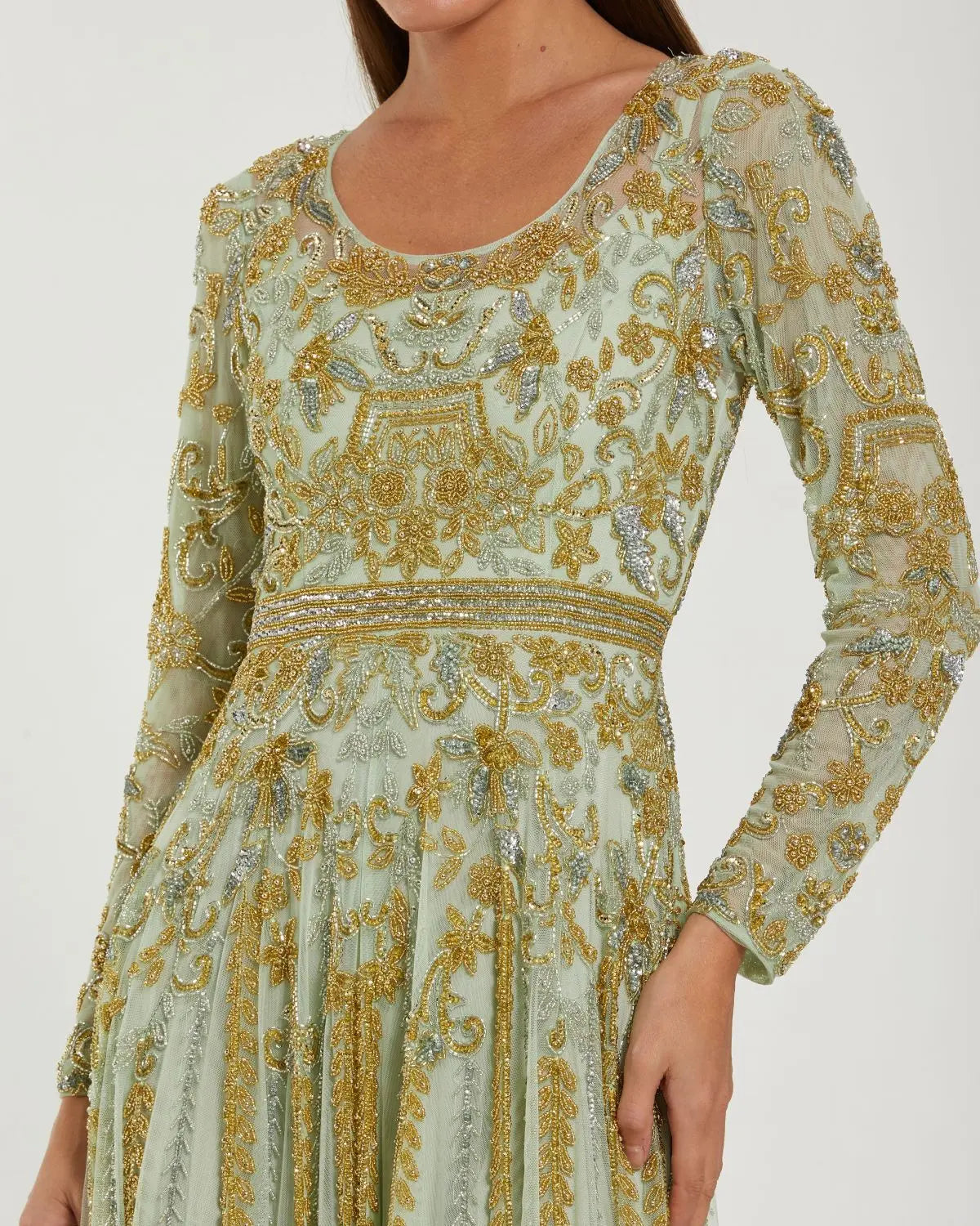 Green Beaded Long Sleeve Scoop Neck A Line Gown-Myartka