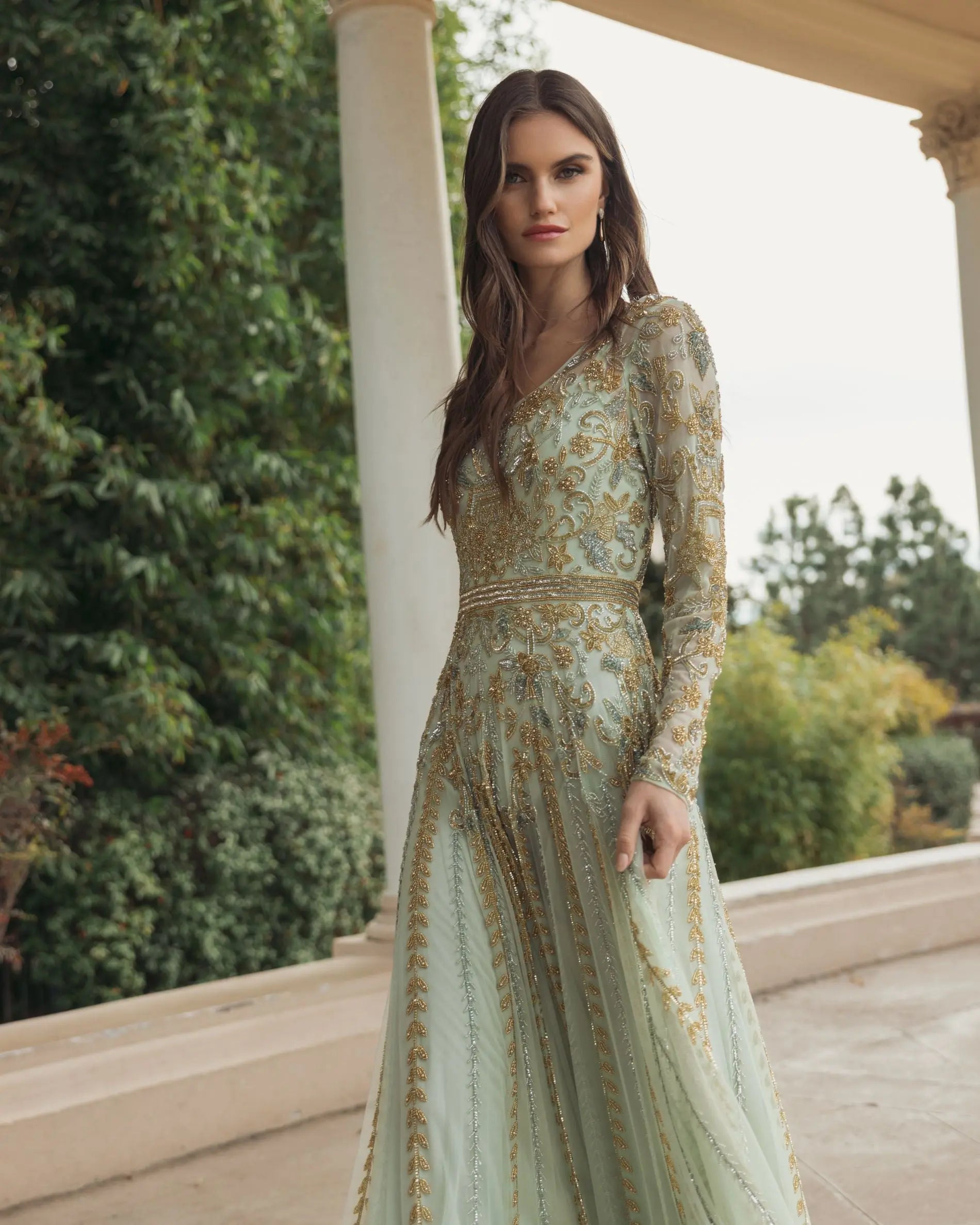 Green Beaded Long Sleeve Scoop Neck A Line Gown-Myartka