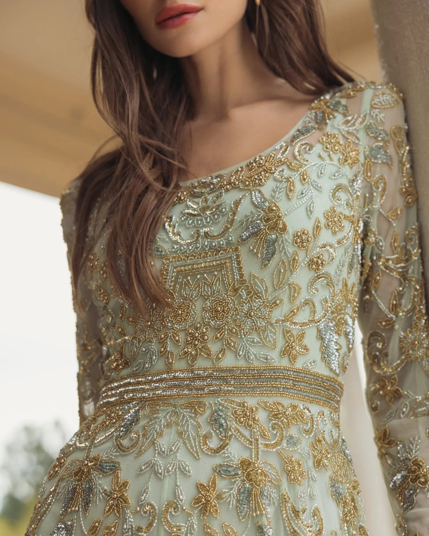 Green Beaded Long Sleeve Scoop Neck A Line Gown-Myartka