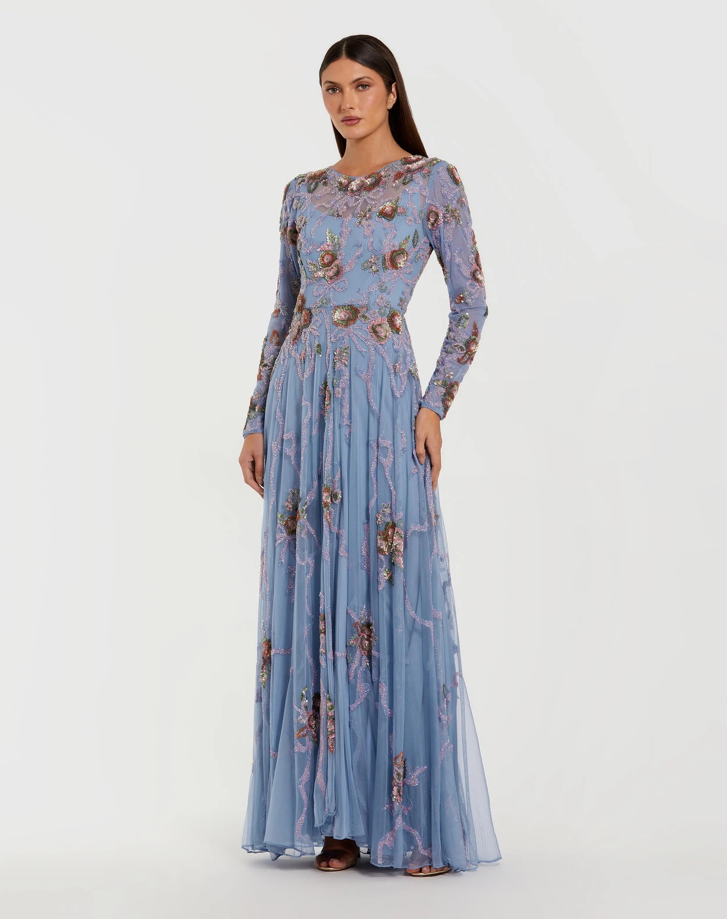 Blue Long Sleeve Floral Beaded Gown-Myartka