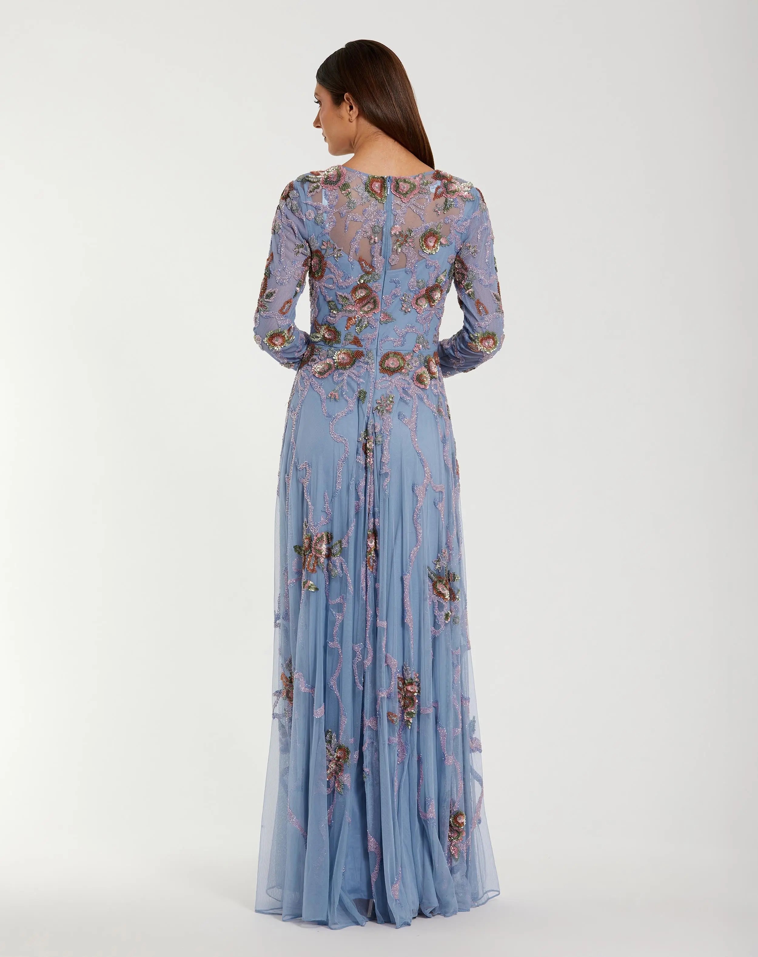 Blue Long Sleeve Floral Beaded Gown-Myartka