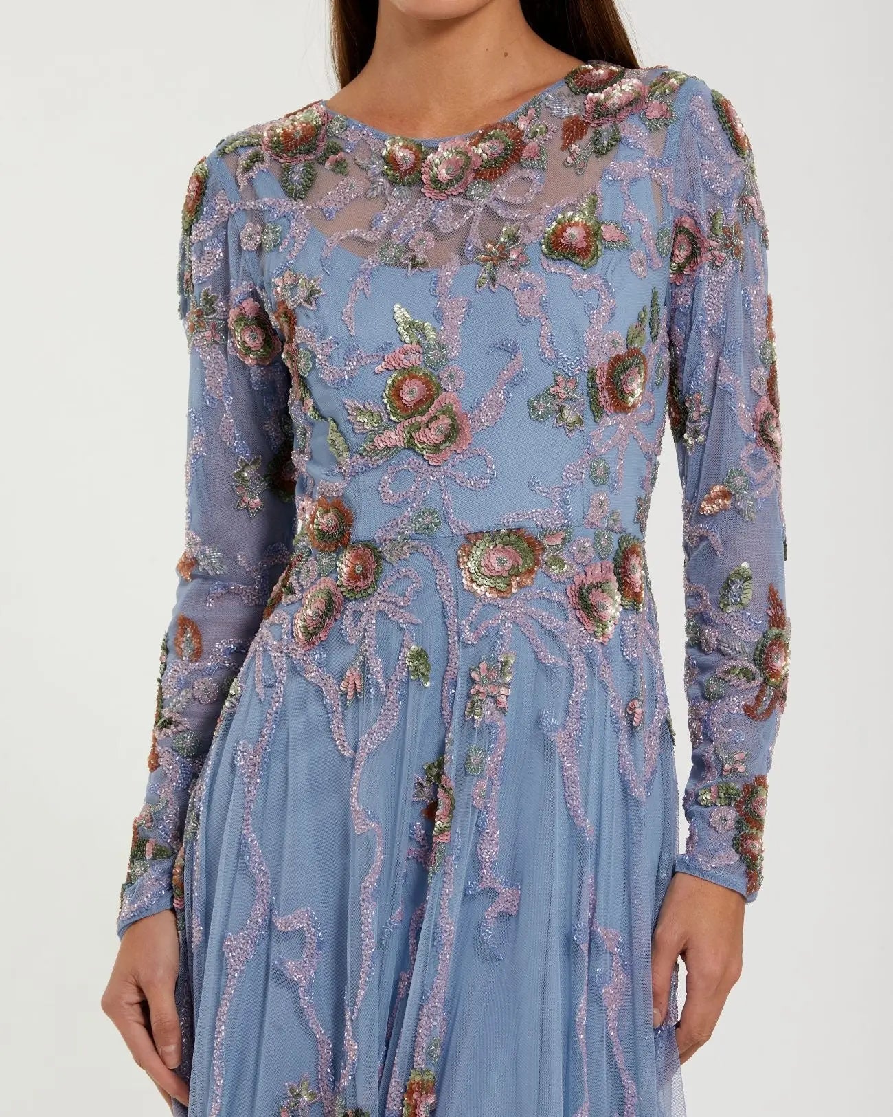 Blue Long Sleeve Floral Beaded Gown-Myartka
