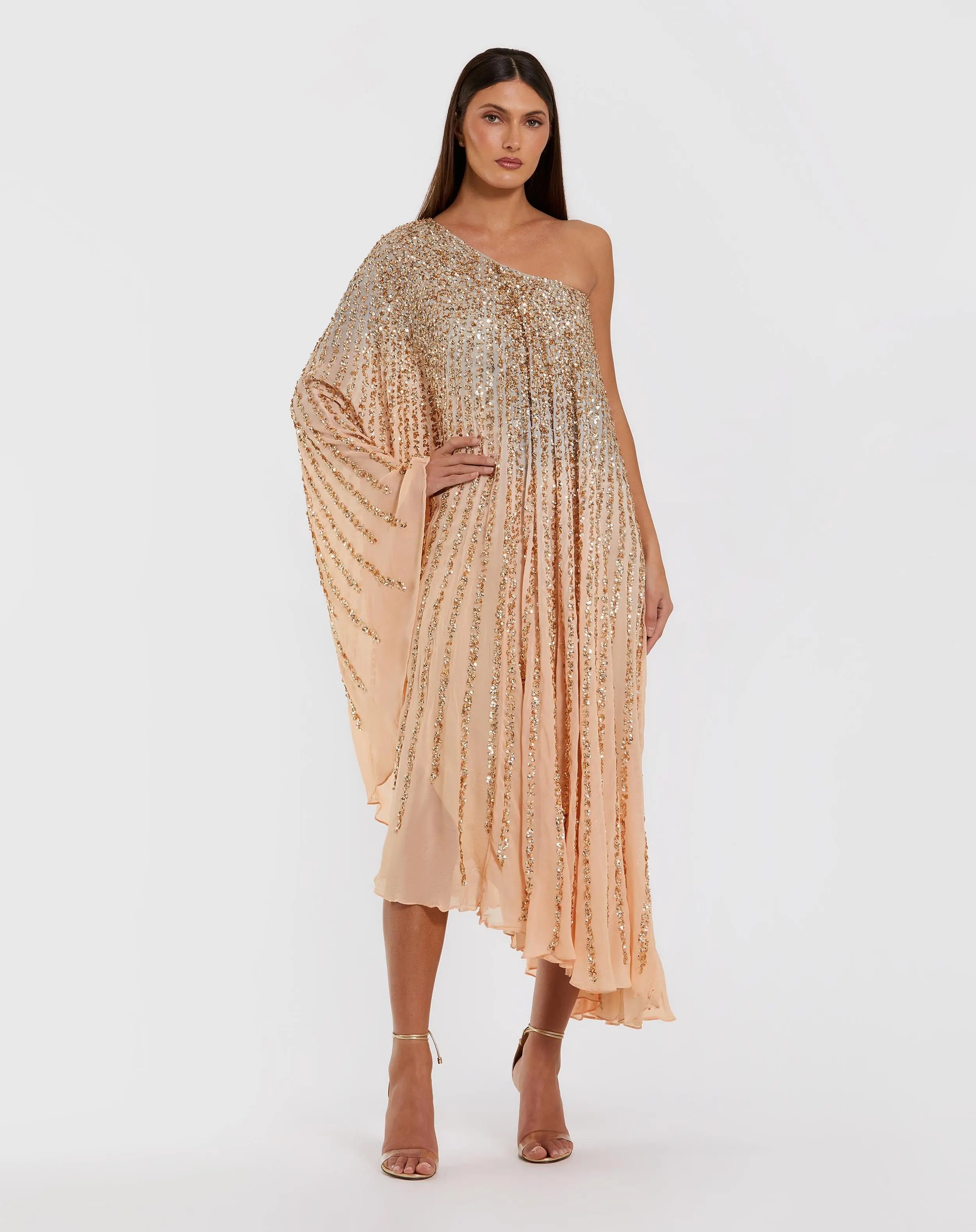 Light Orange One Shoulder Ombre Sequin Kaftan Dress-Myartka