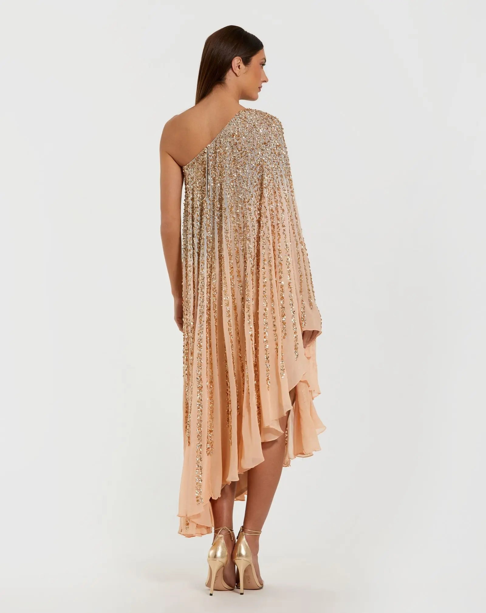 Light Orange One Shoulder Ombre Sequin Kaftan Dress-Myartka