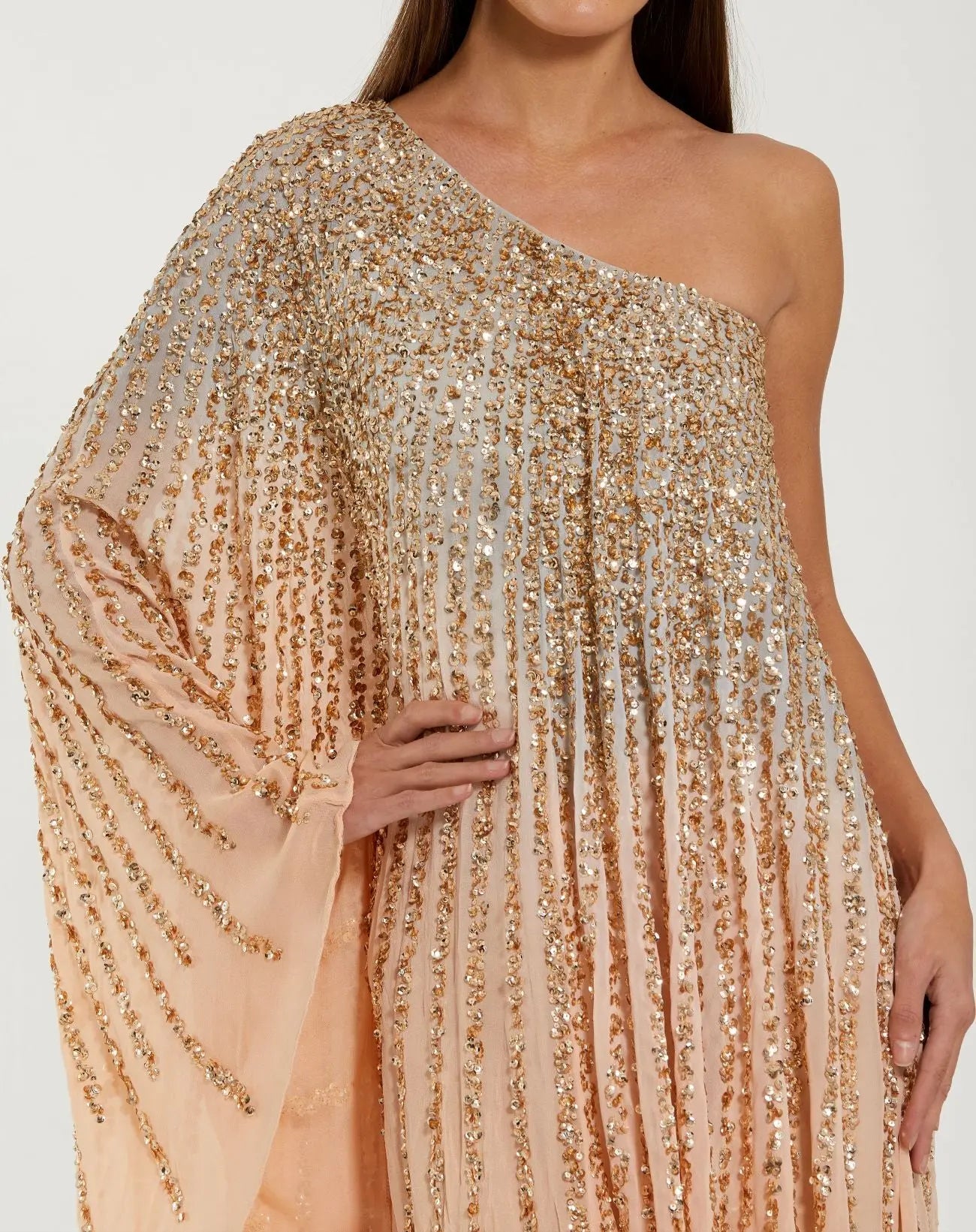Light Orange One Shoulder Ombre Sequin Kaftan Dress-Myartka