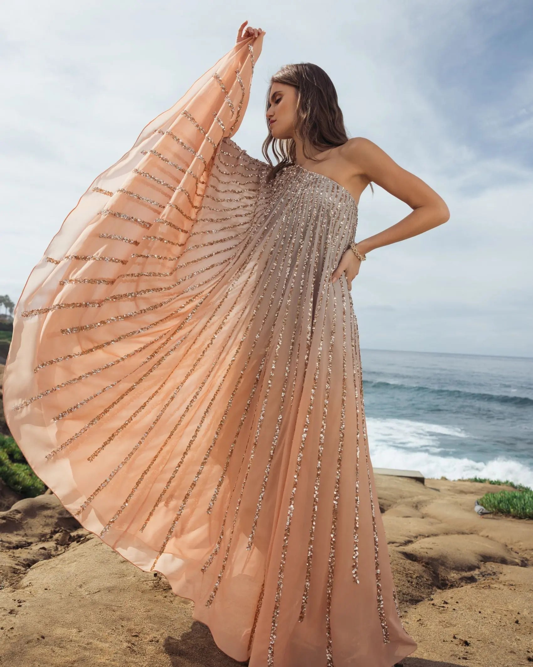 Light Orange One Shoulder Ombre Sequin Kaftan Dress-Myartka
