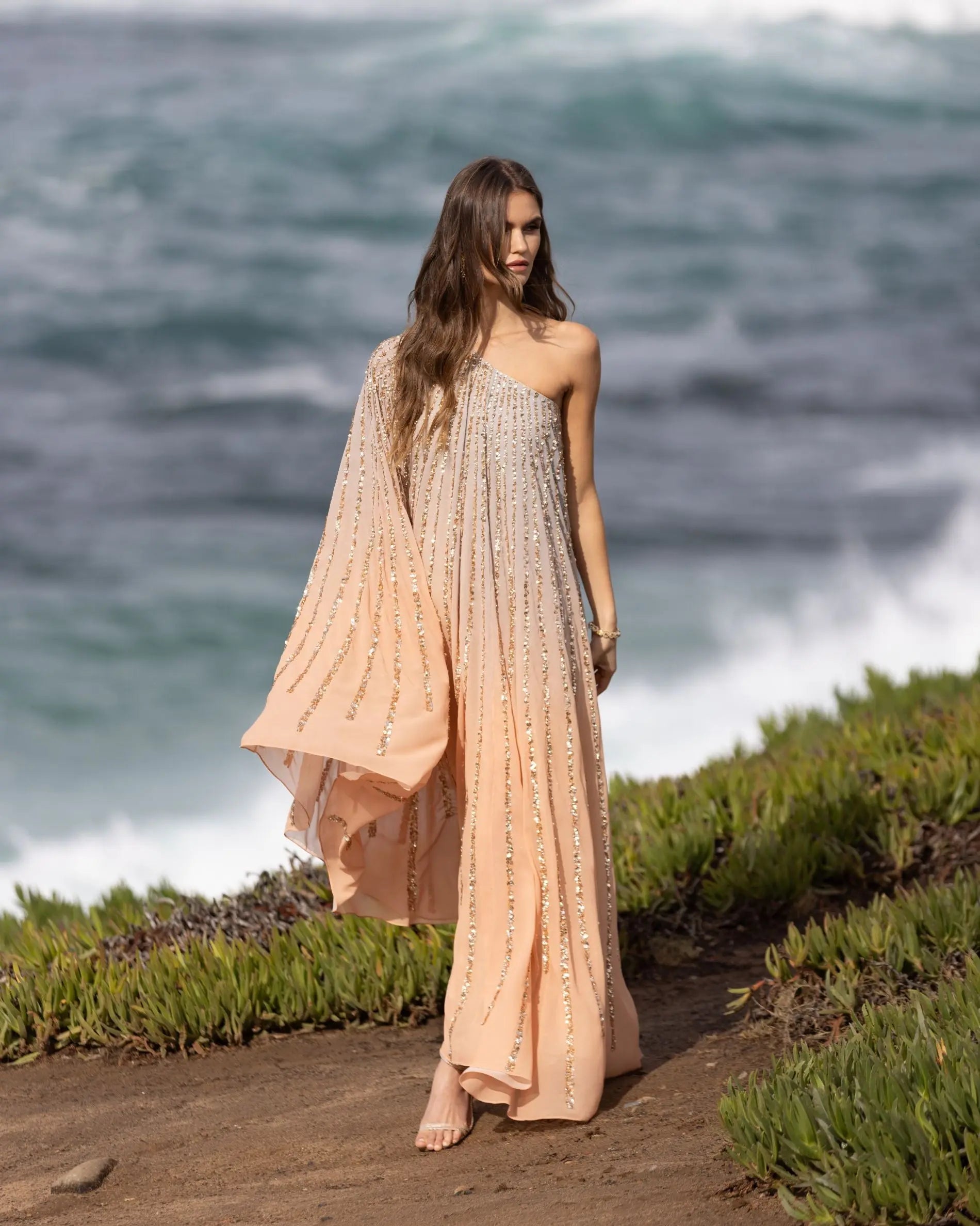 Light Orange One Shoulder Ombre Sequin Kaftan Dress-Myartka
