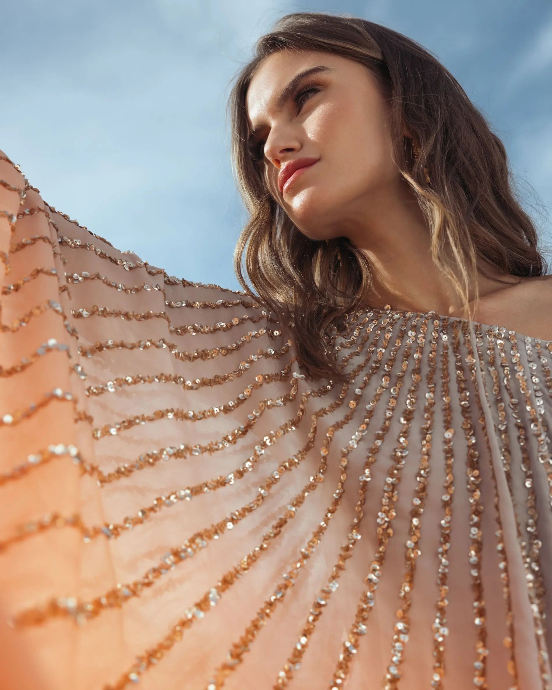 Light Orange One Shoulder Ombre Sequin Kaftan Dress-Myartka