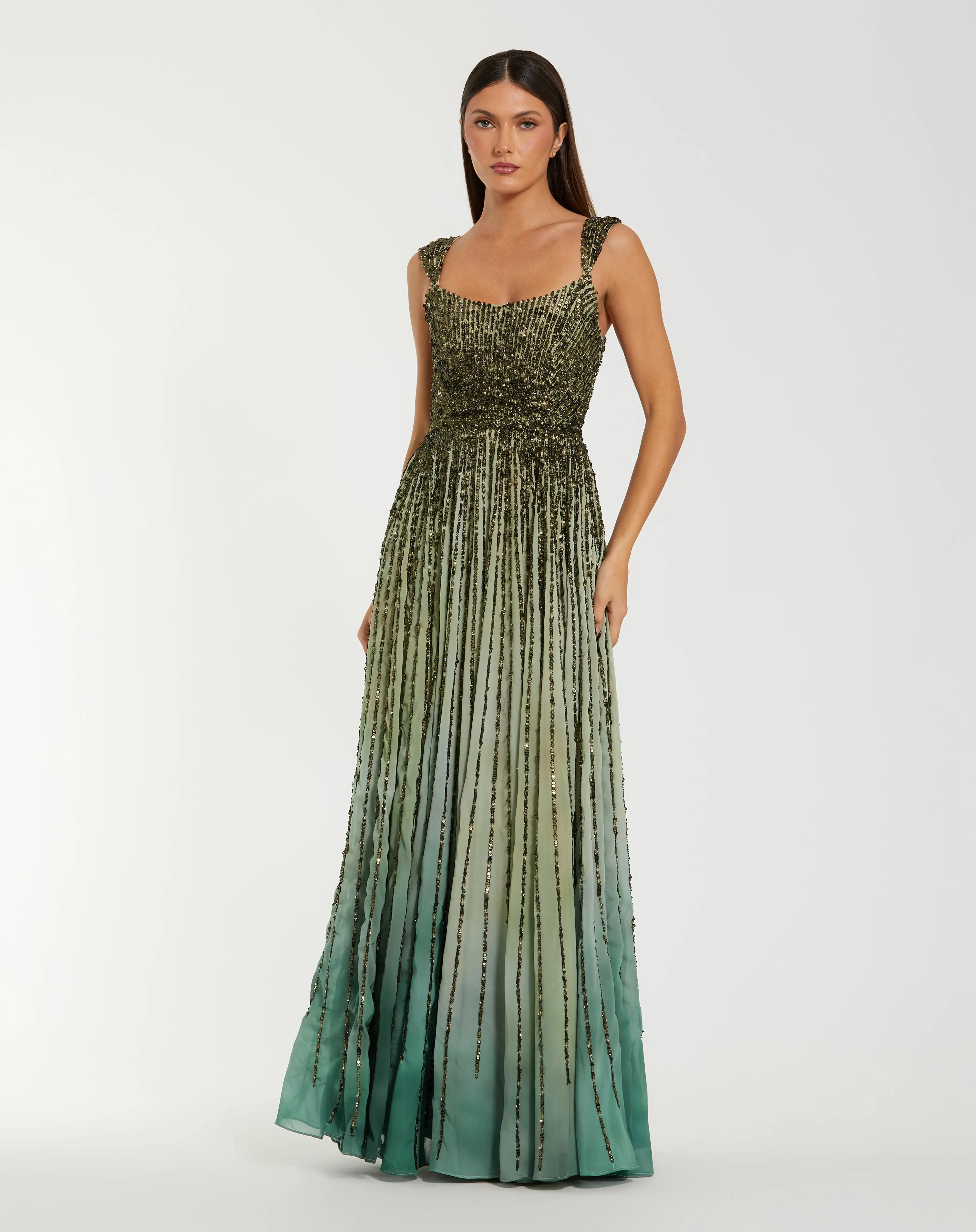 Green Sleeveless Sequin A Line Ombre Gown-Myartka