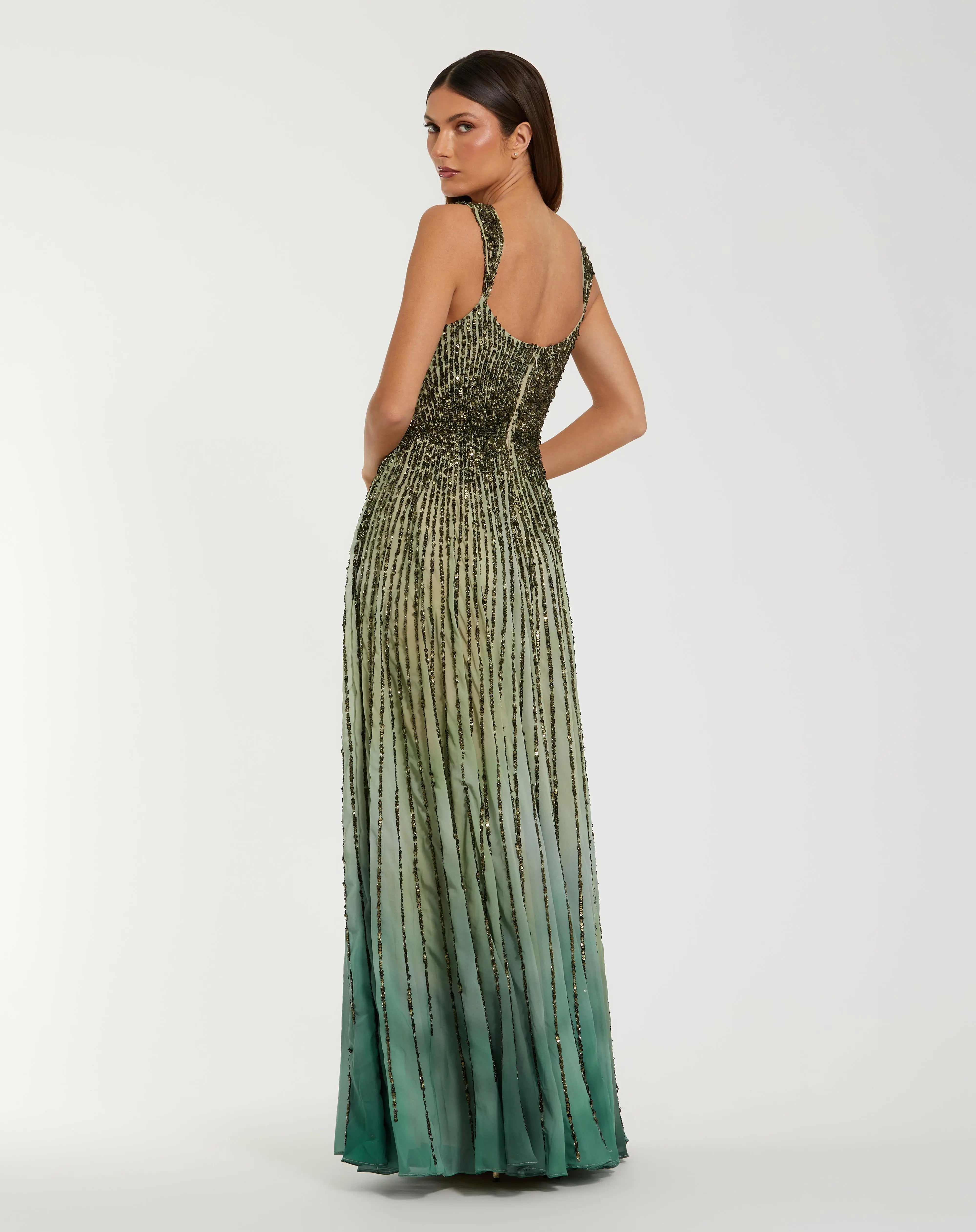 Green Sleeveless Sequin A Line Ombre Gown-Myartka