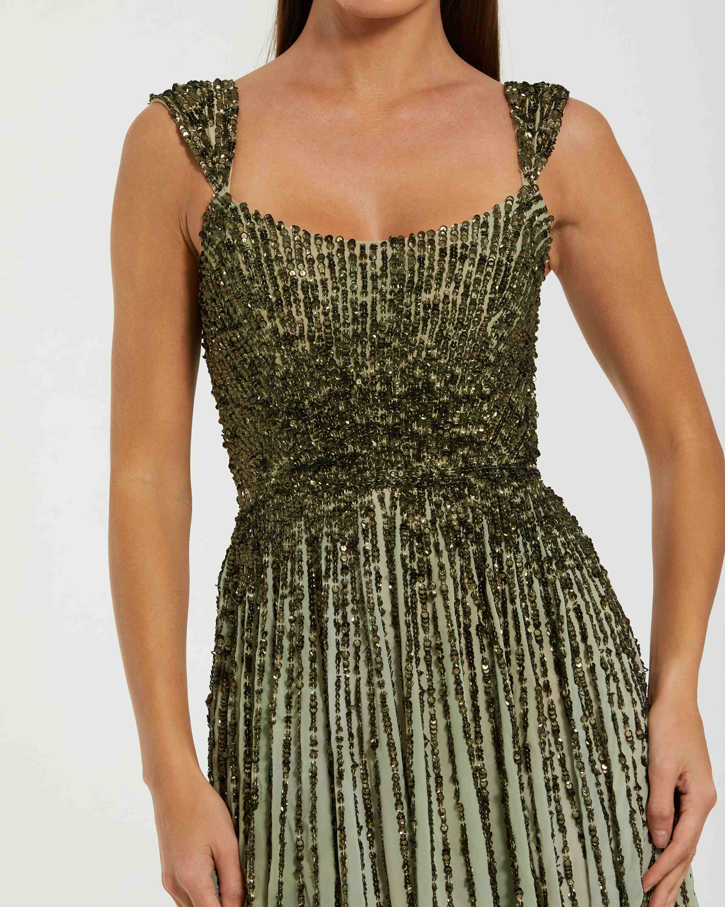 Green Sleeveless Sequin A Line Ombre Gown-Myartka