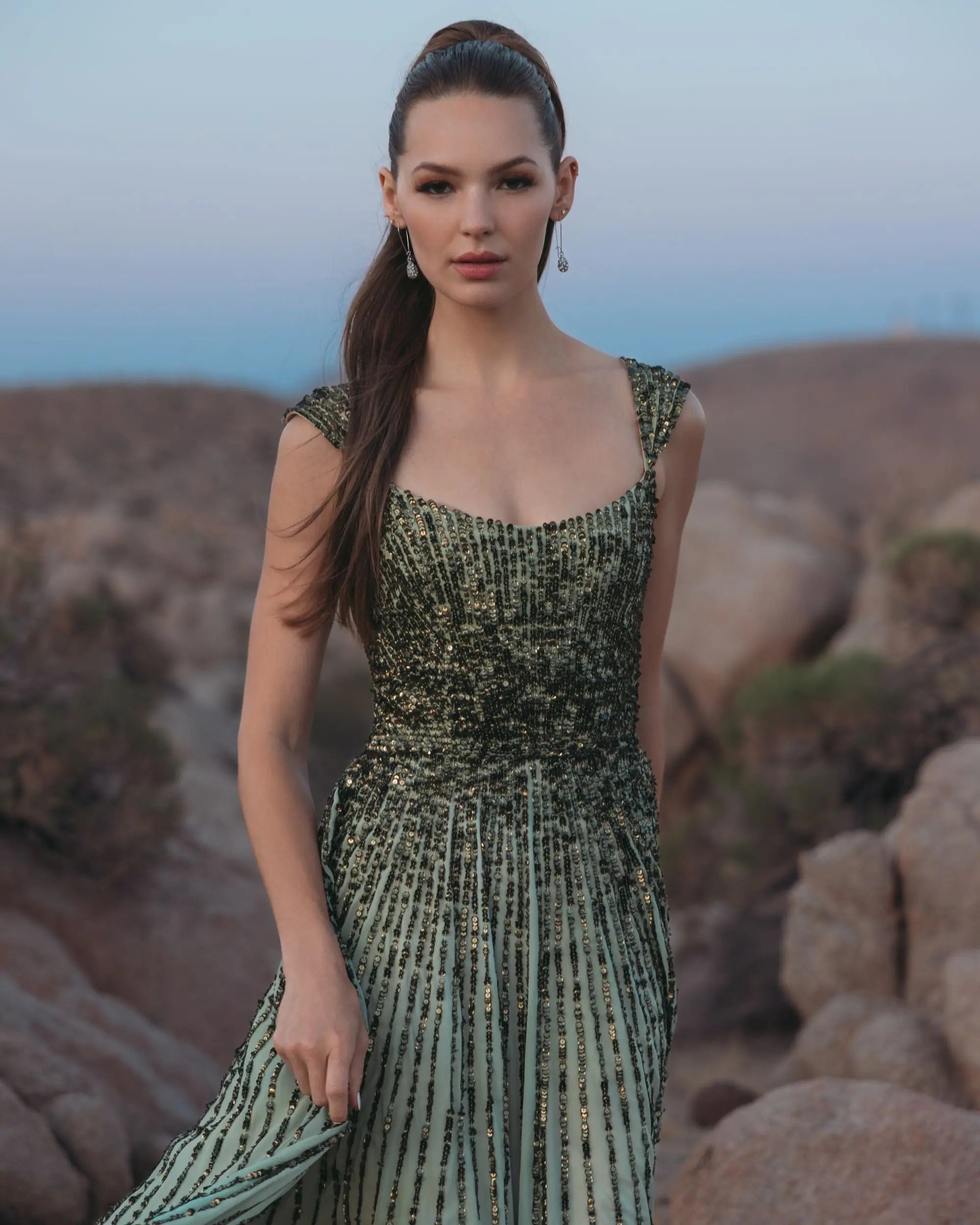 Green Sleeveless Sequin A Line Ombre Gown-Myartka