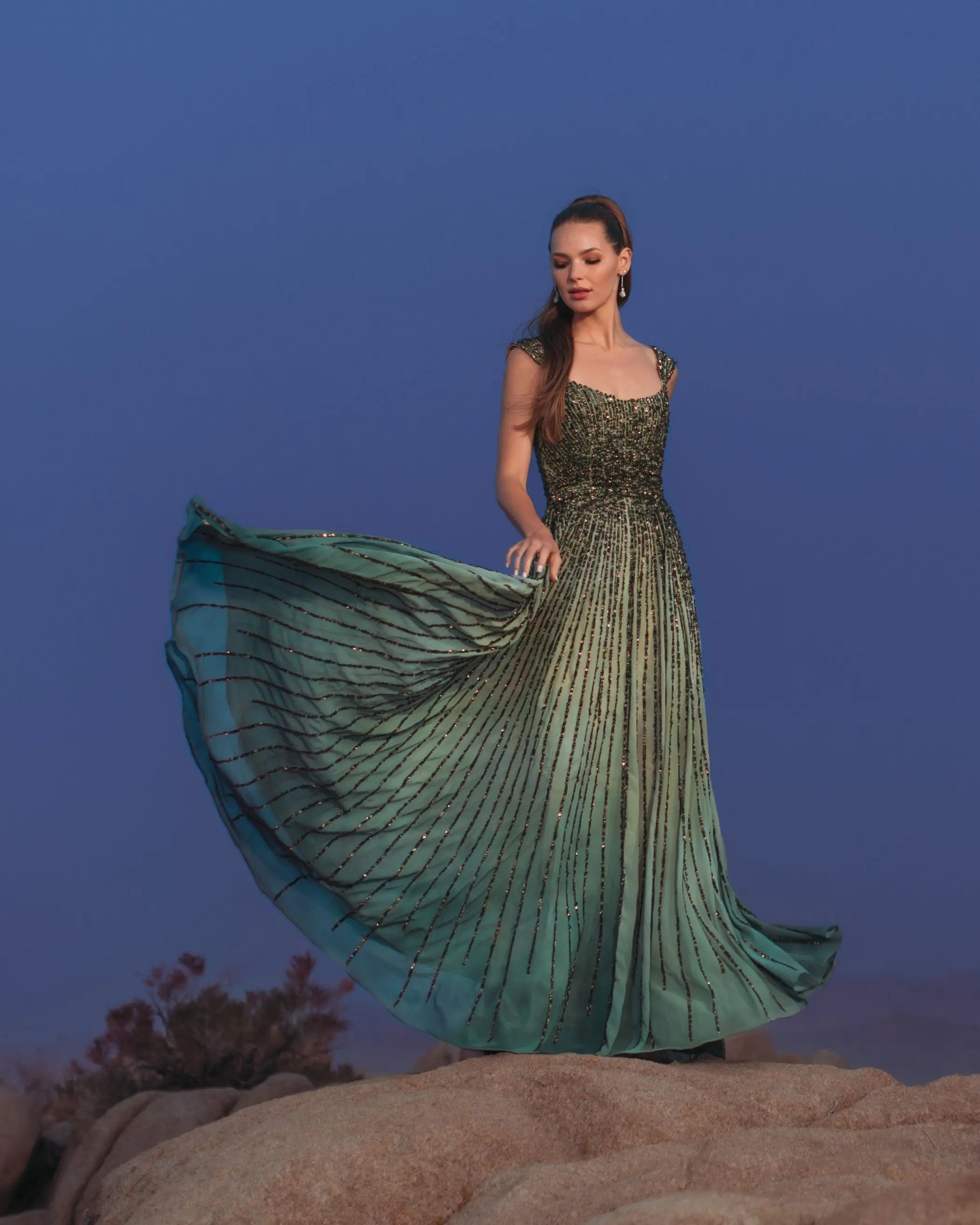 Green Sleeveless Sequin A Line Ombre Gown-Myartka