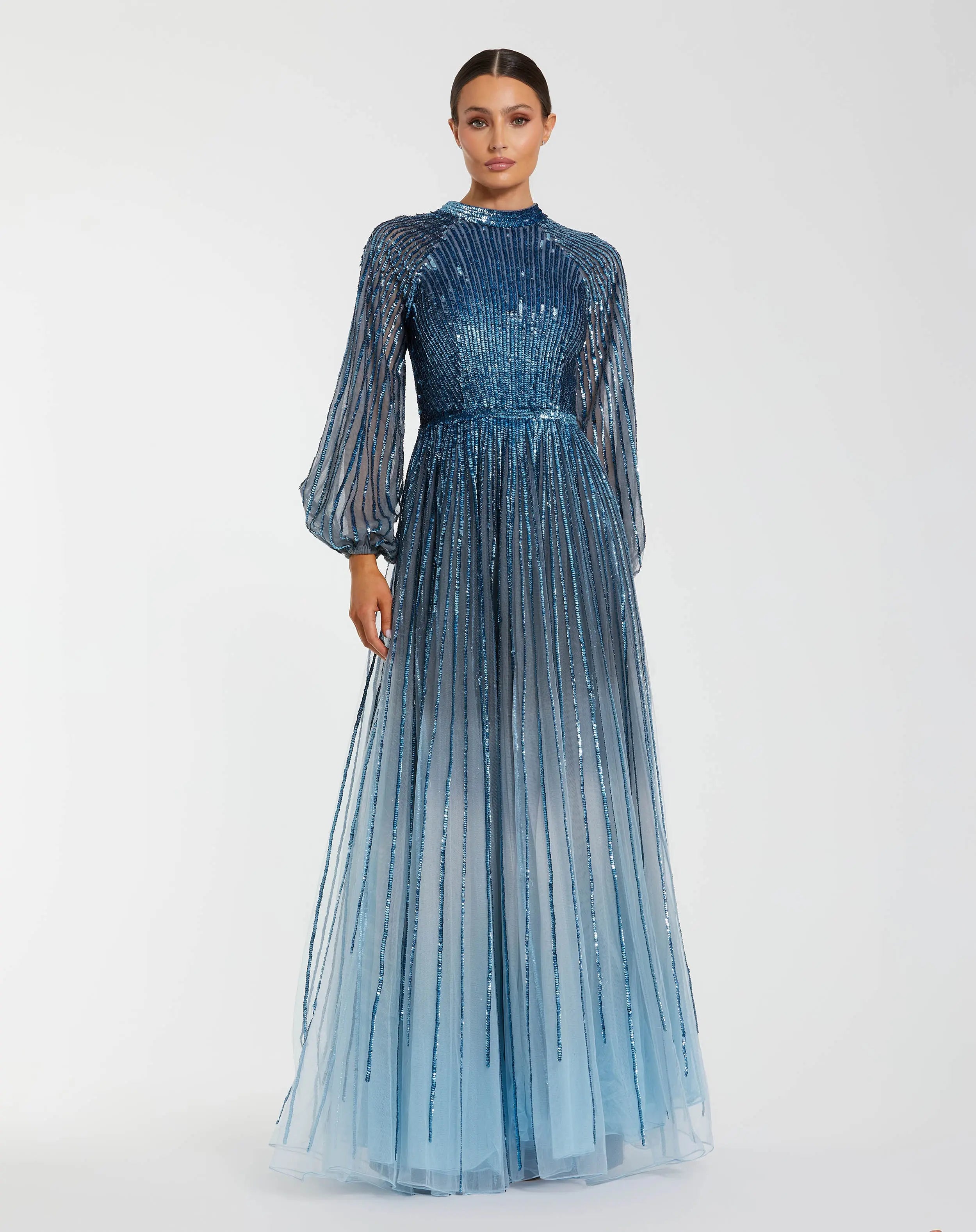 Blue Ombré Sequin Long Sleeve A-Line Evening Dress-Myartka