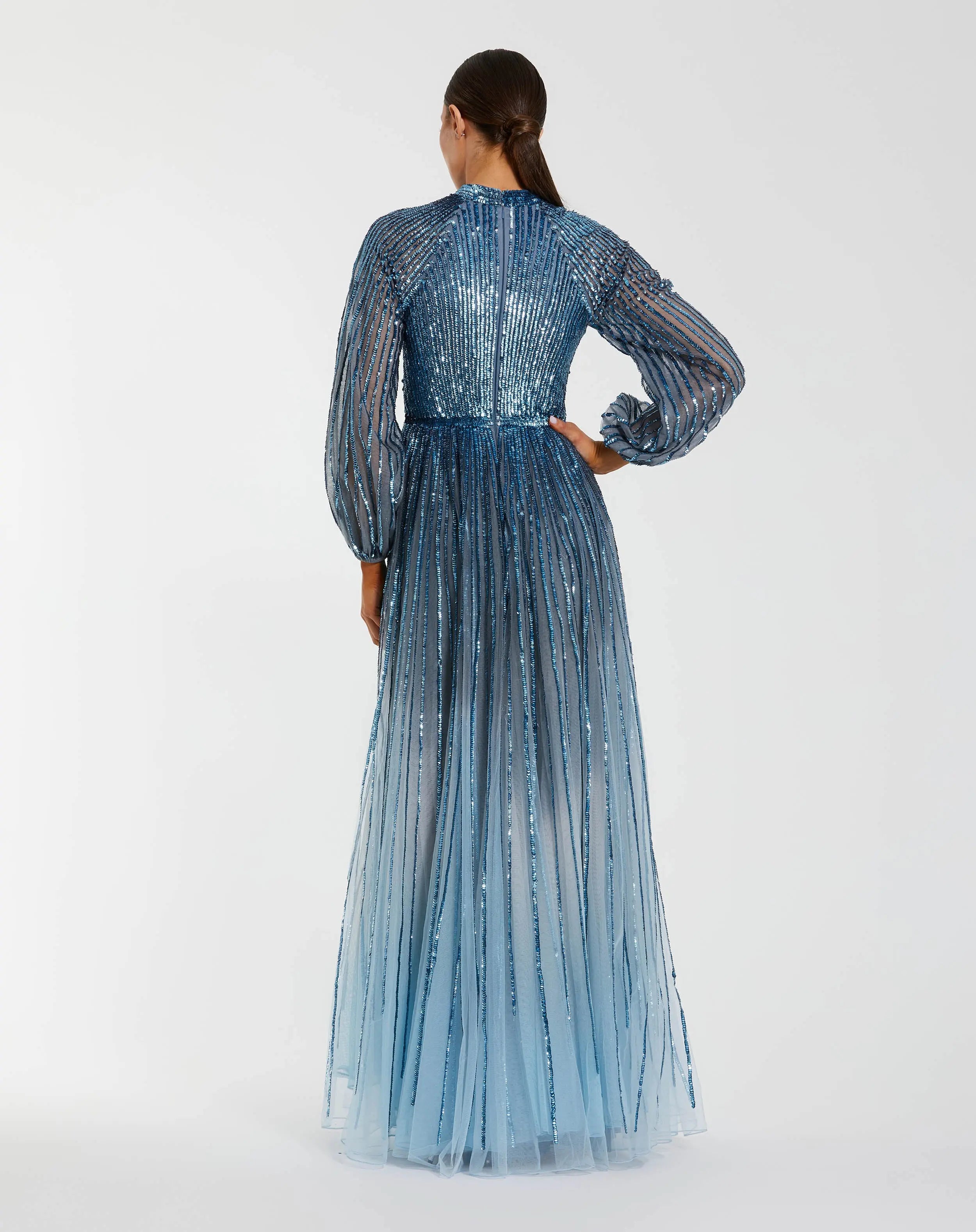 Blue Ombré Sequin Long Sleeve A-Line Evening Dress-Myartka