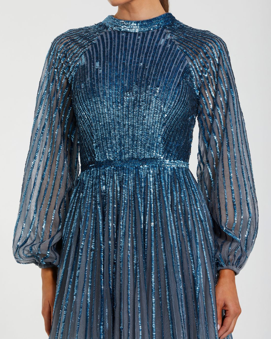 Blue Ombré Sequin Long Sleeve A-Line Evening Dress-Myartka