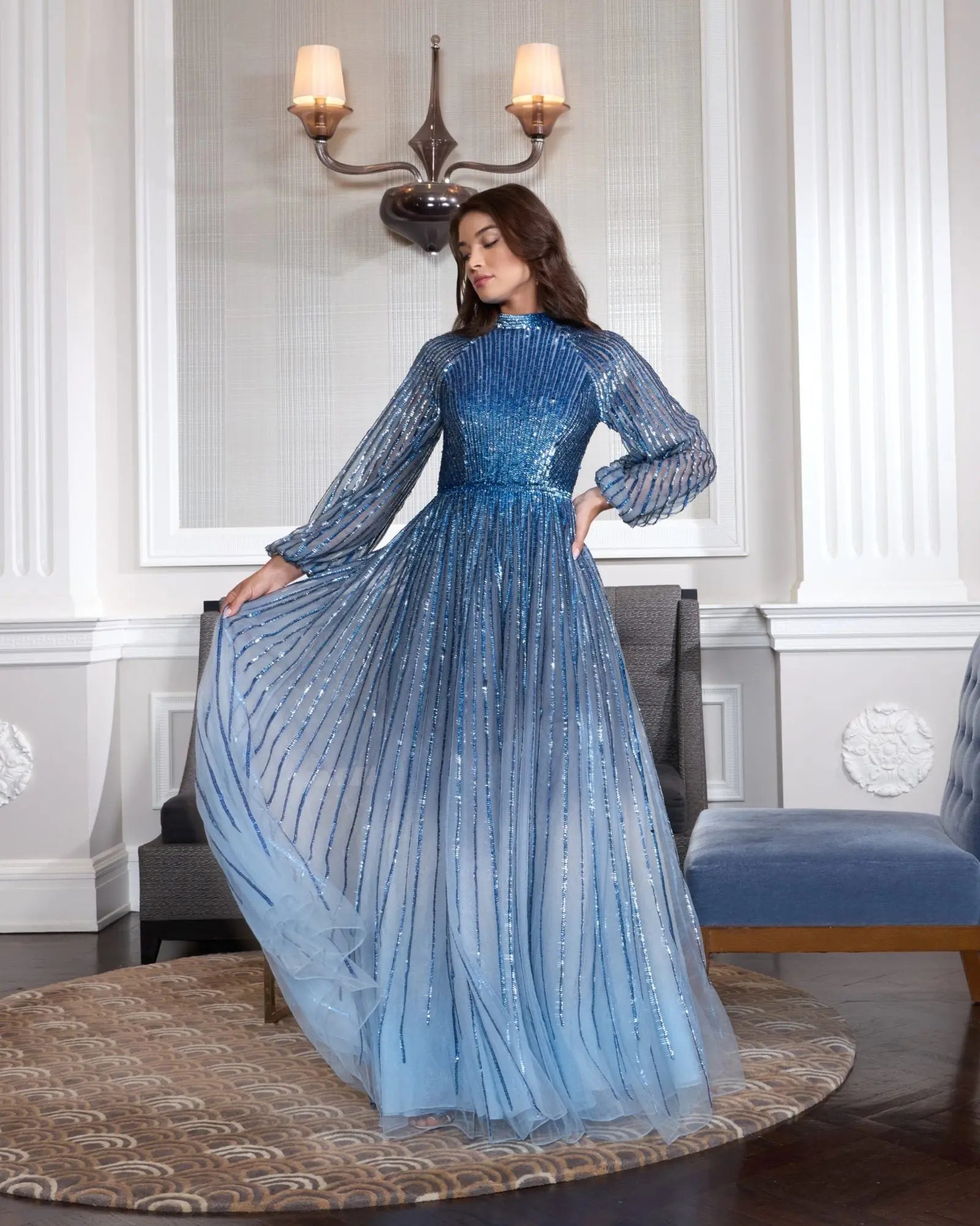 Blue Ombré Sequin Long Sleeve A-Line Evening Dress-Myartka