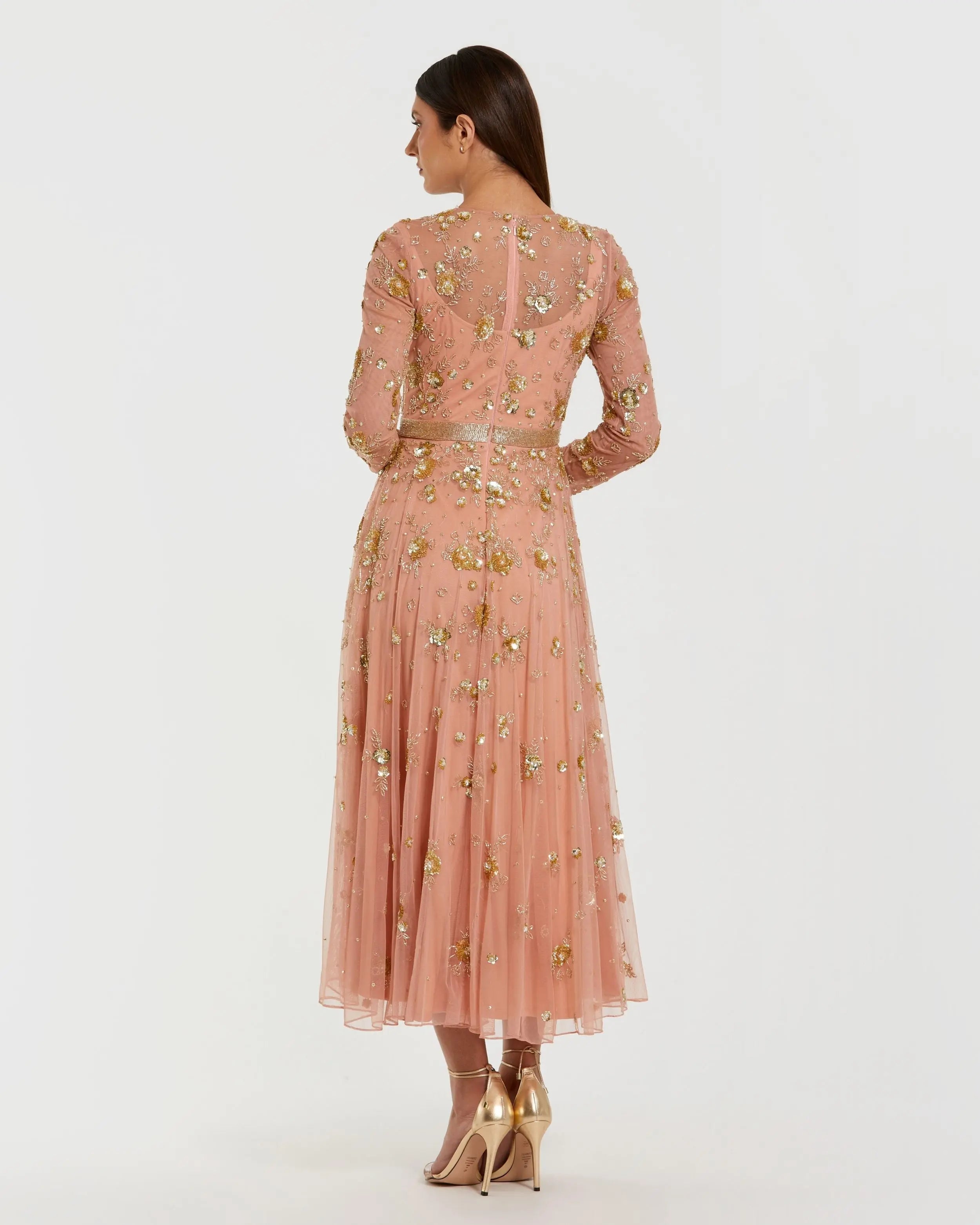 Beige Beaded Long Sleeve A Line Midi Dress-Myartka