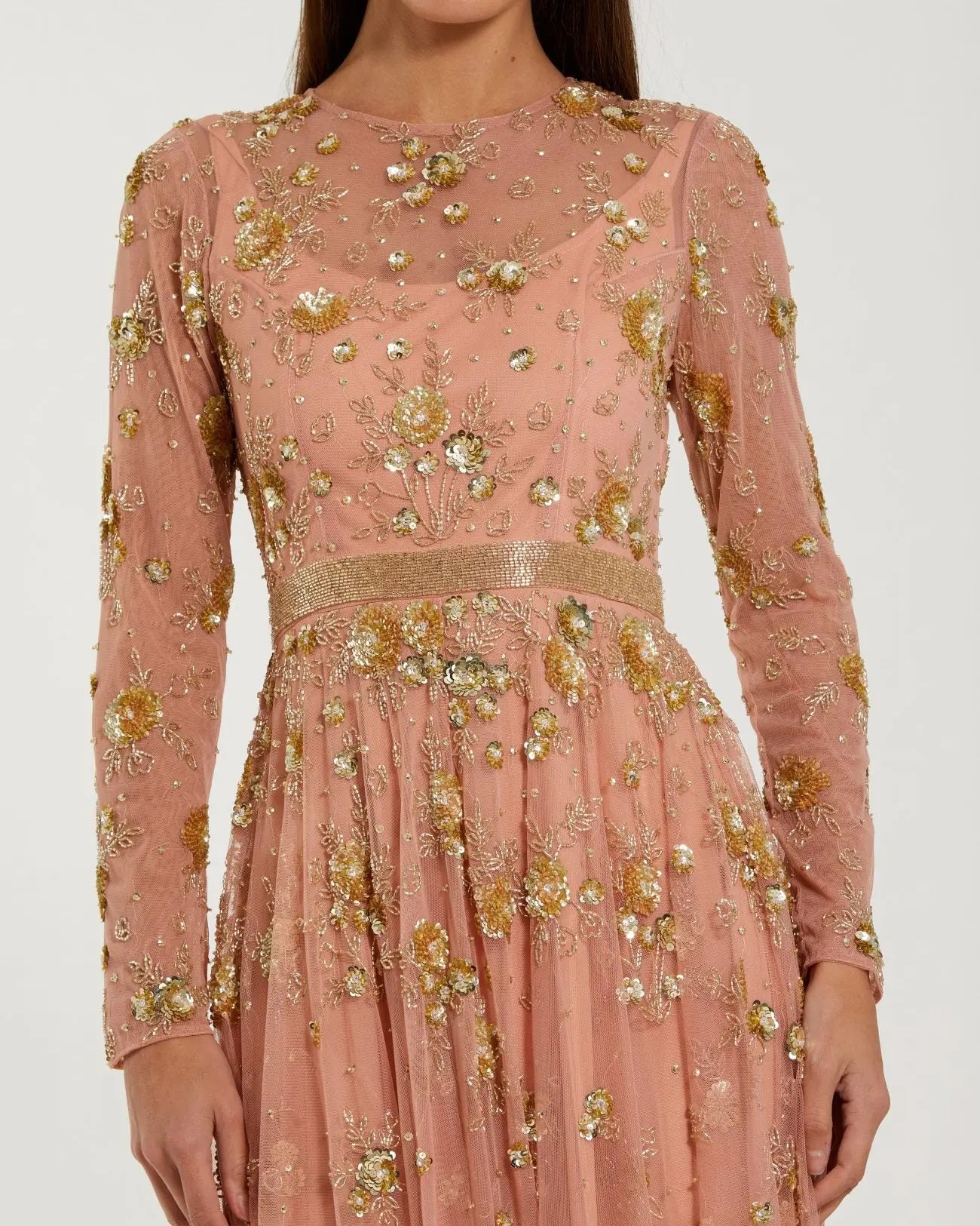 Beige Beaded Long Sleeve A Line Midi Dress-Myartka