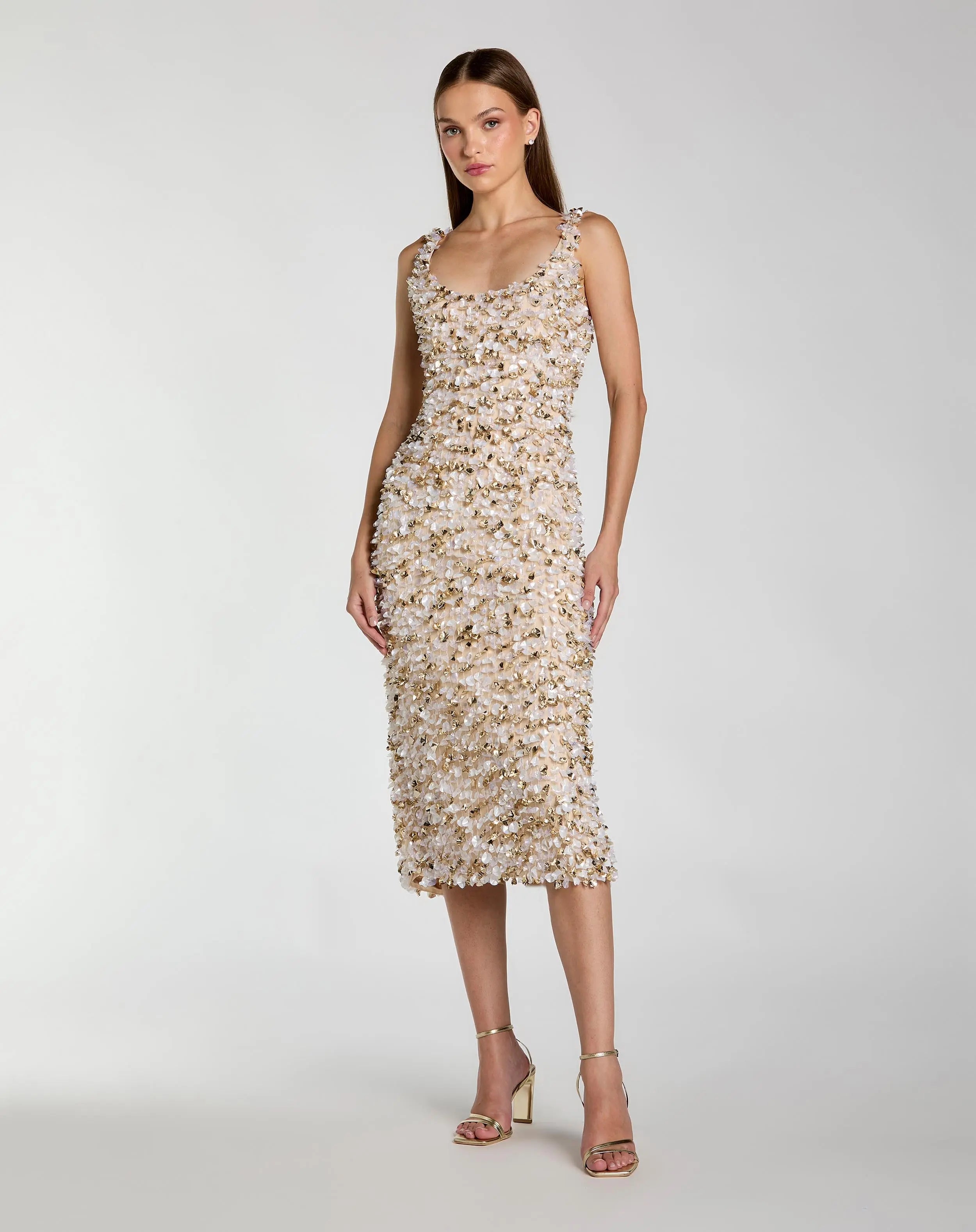 Beige Sleeveless Paillette Embellished Fitted Midi Dress-Myartka