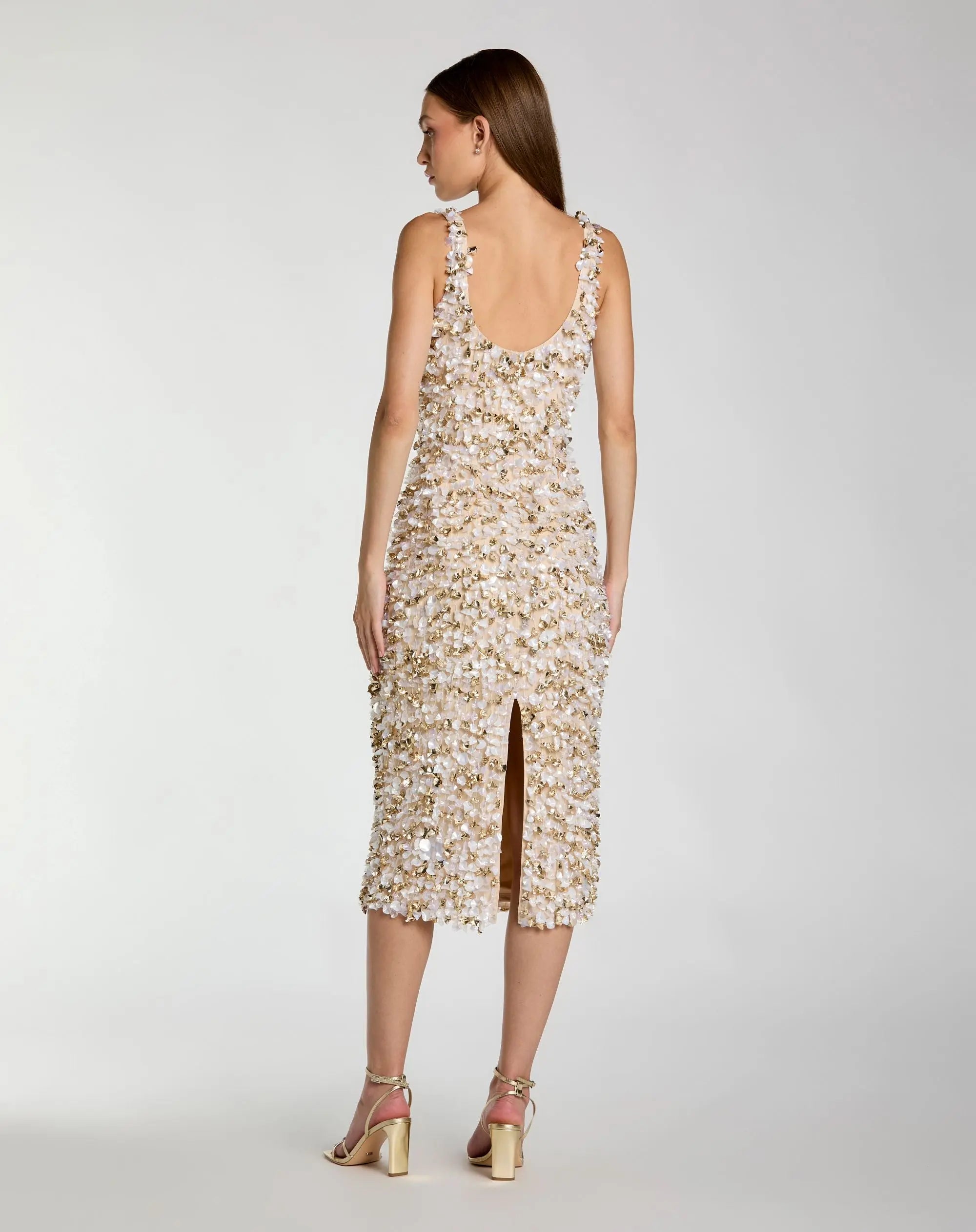 Beige Sleeveless Paillette Embellished Fitted Midi Dress-Myartka