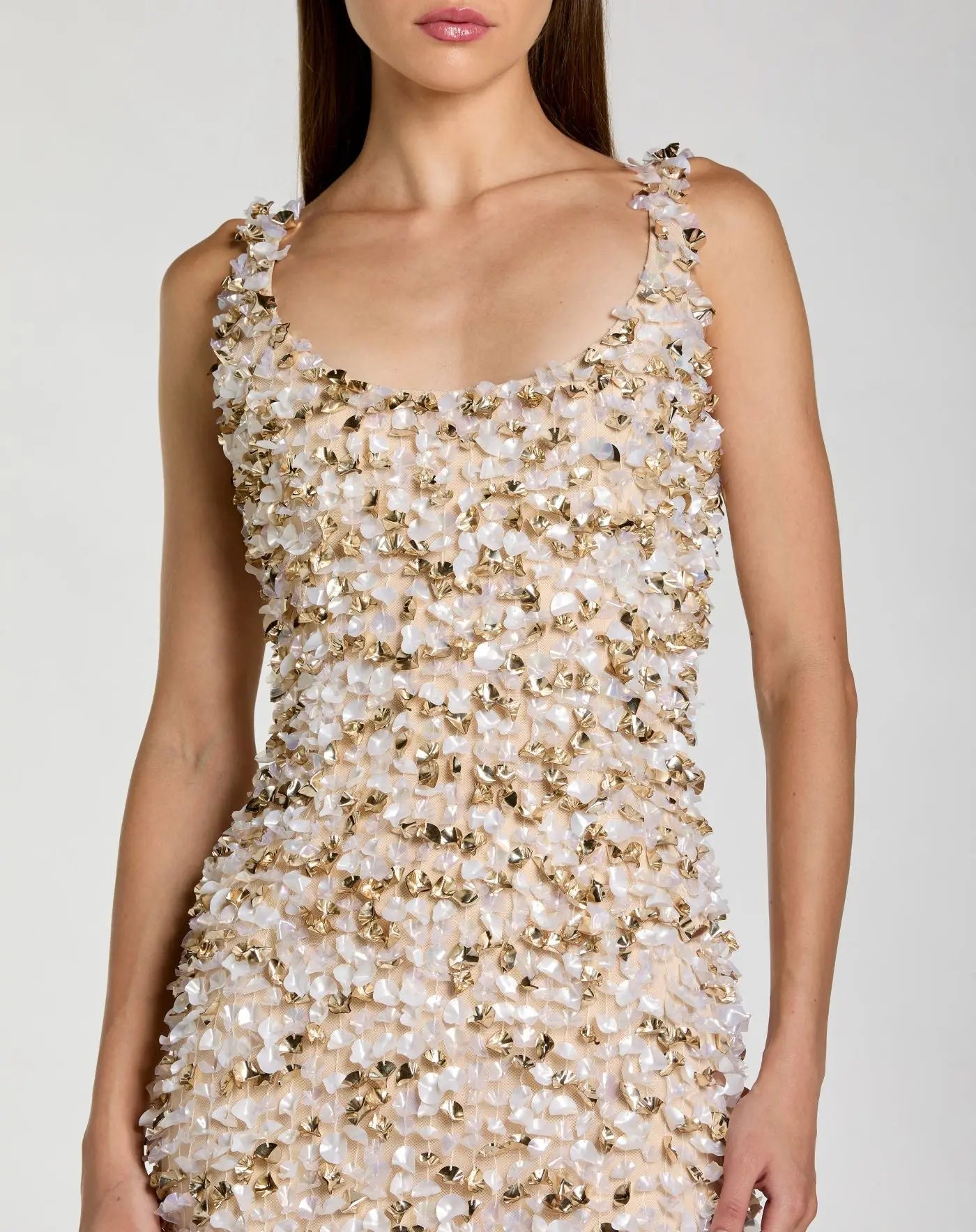 Beige Sleeveless Paillette Embellished Fitted Midi Dress-Myartka