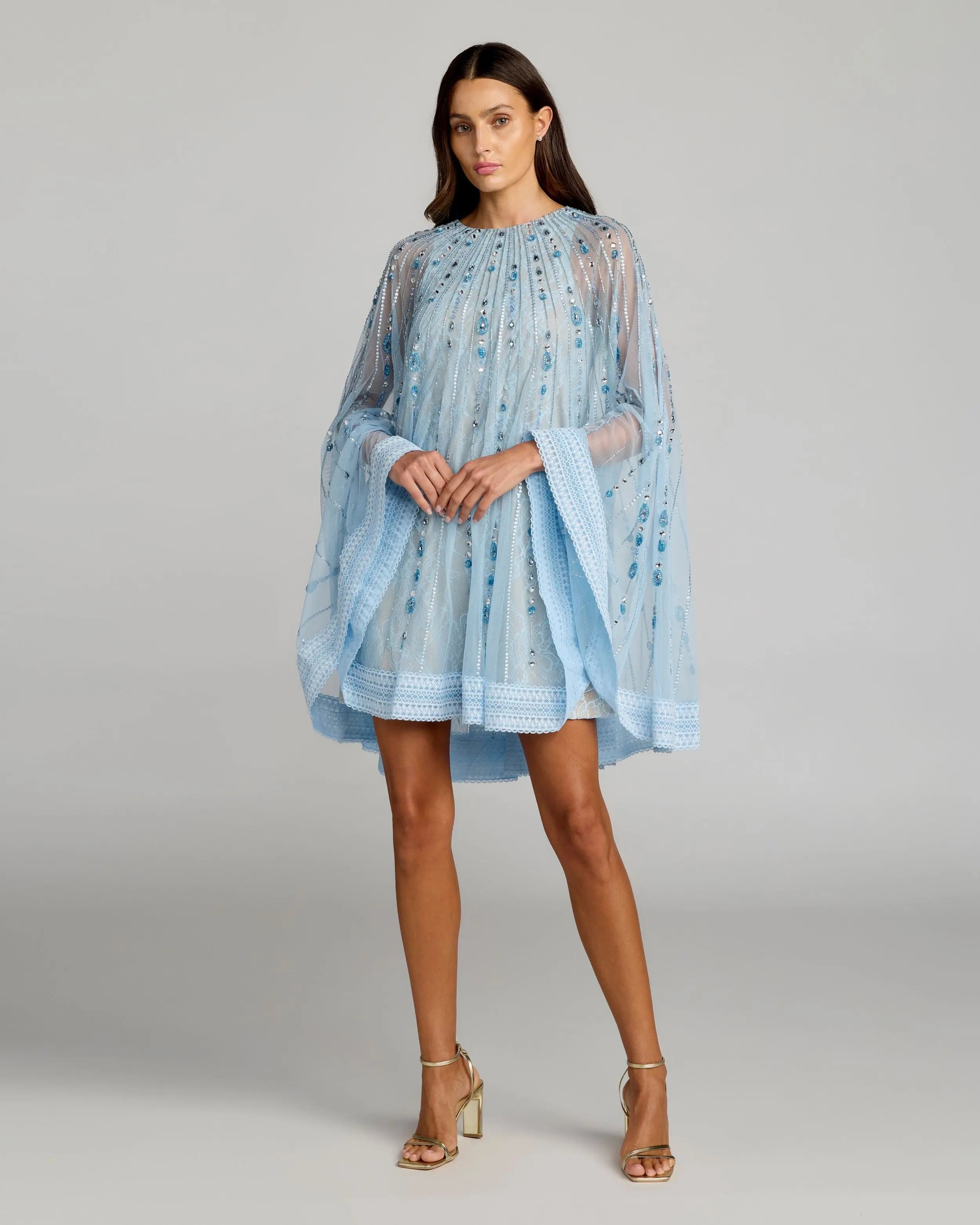 Blue Beaded Lace Cape Sleeve Mini Dress-Myartka