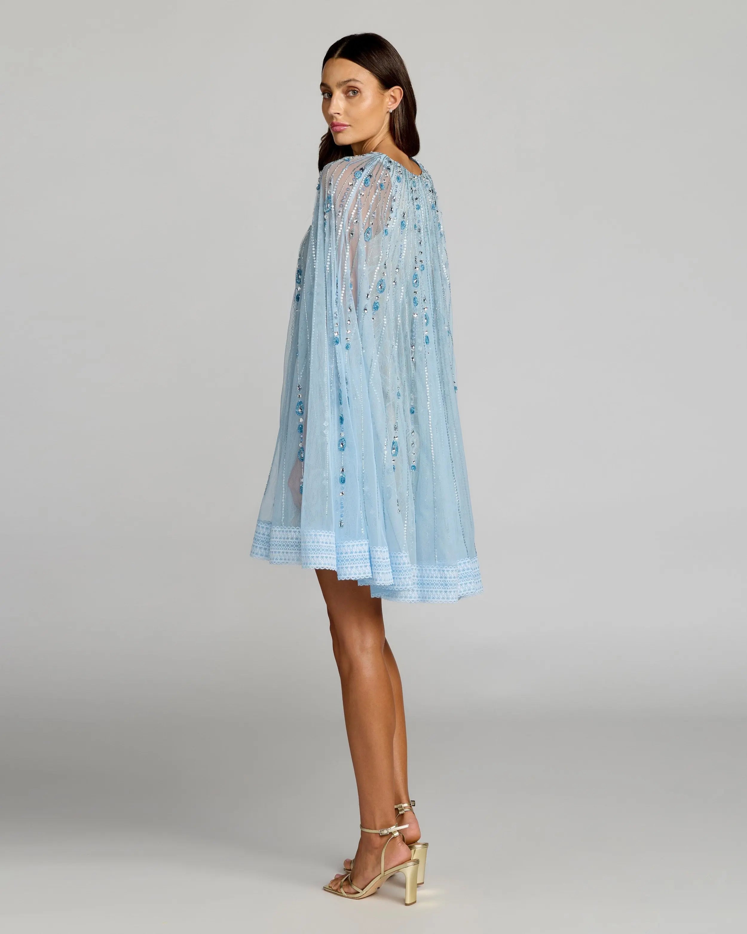 Blue Beaded Lace Cape Sleeve Mini Dress-Myartka