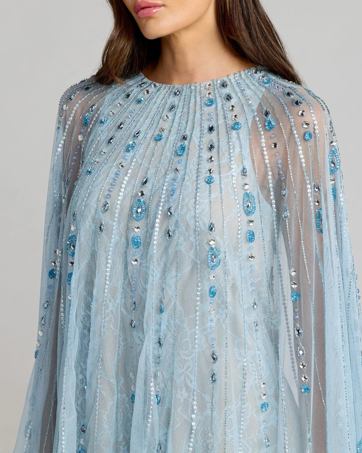 Blue Beaded Lace Cape Sleeve Mini Dress-Myartka