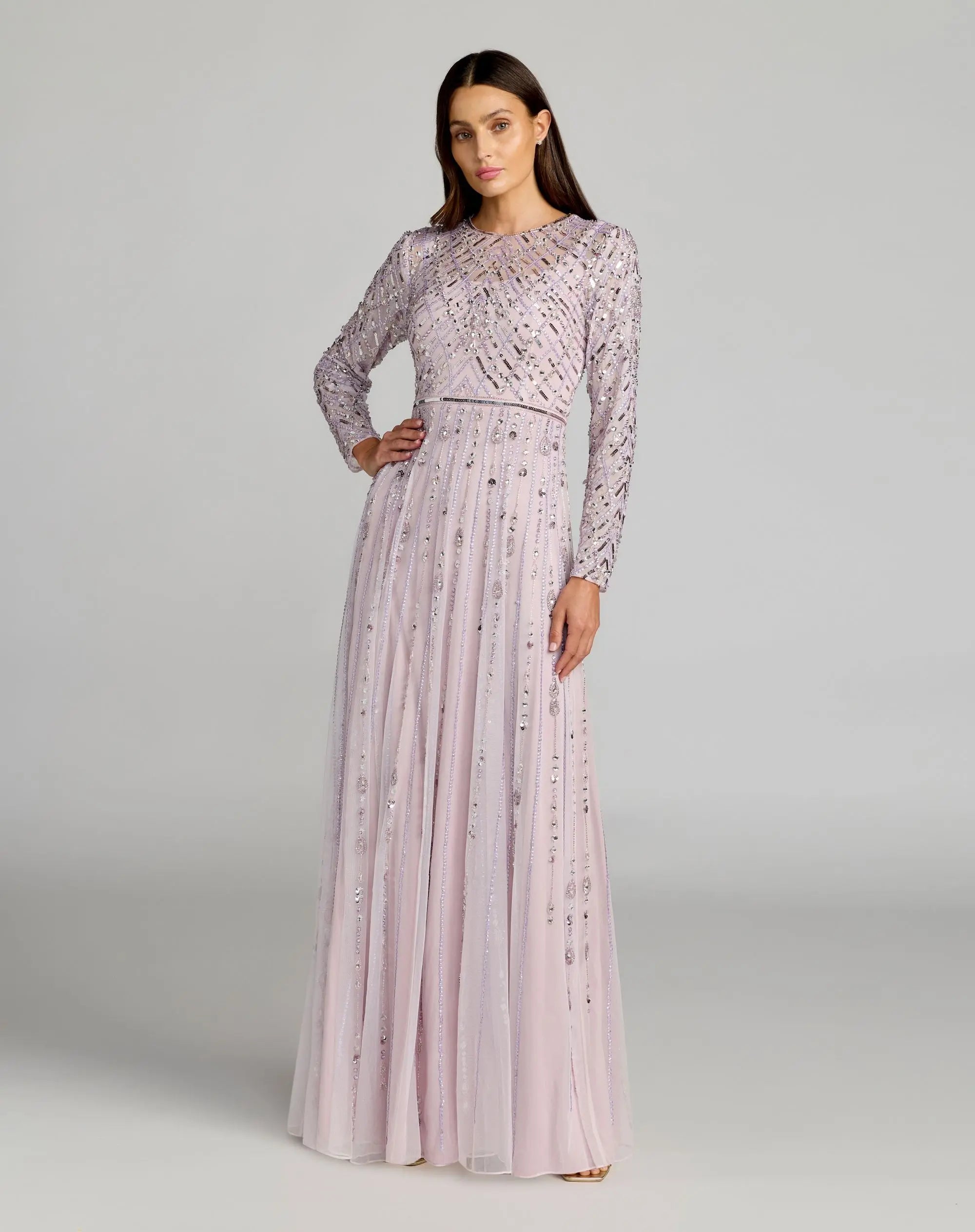 Purple Hand Embellished Long Sleeve A-Line Gown-Myartka