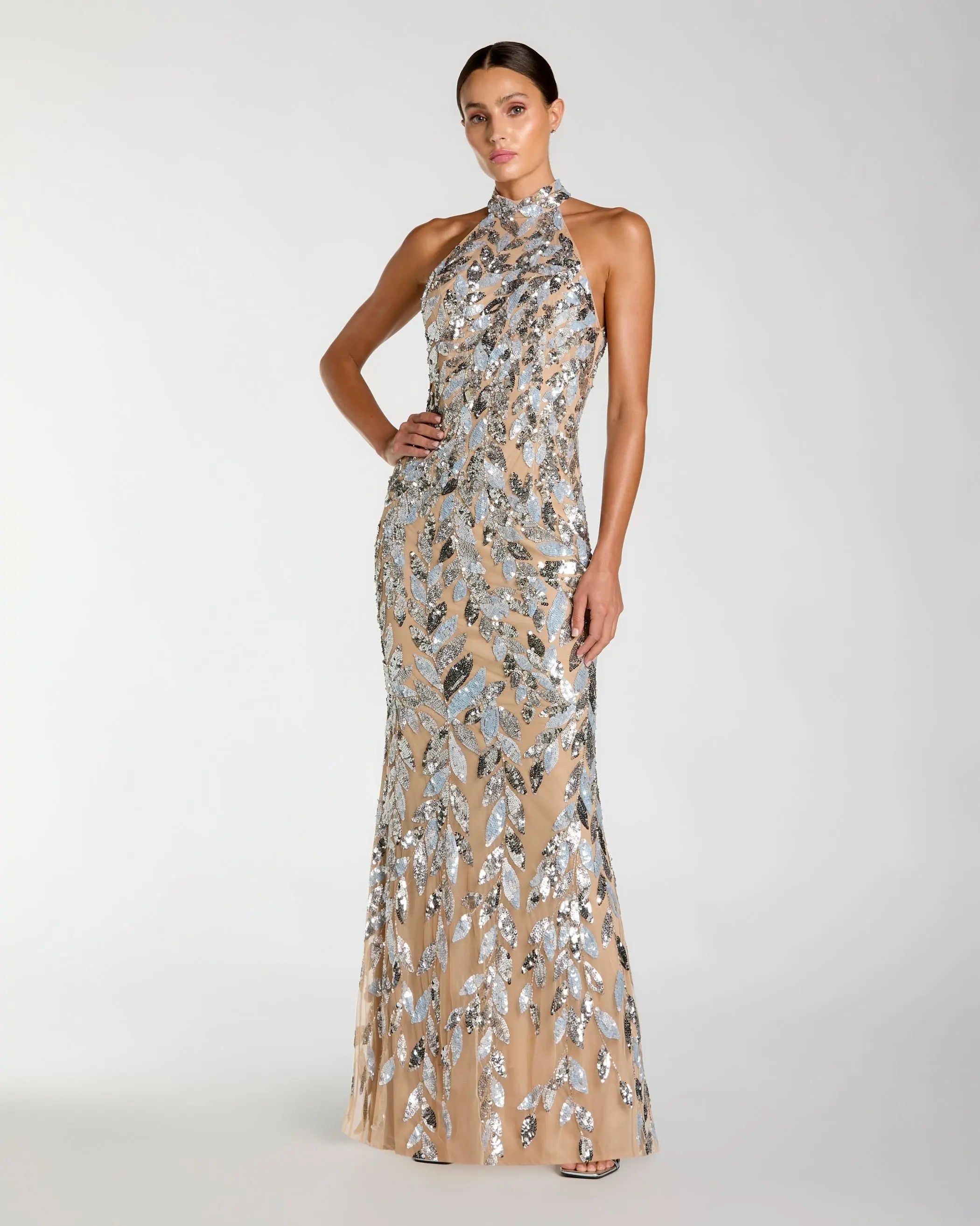Silver Sequin Halter Backless Column Gown-Myartka